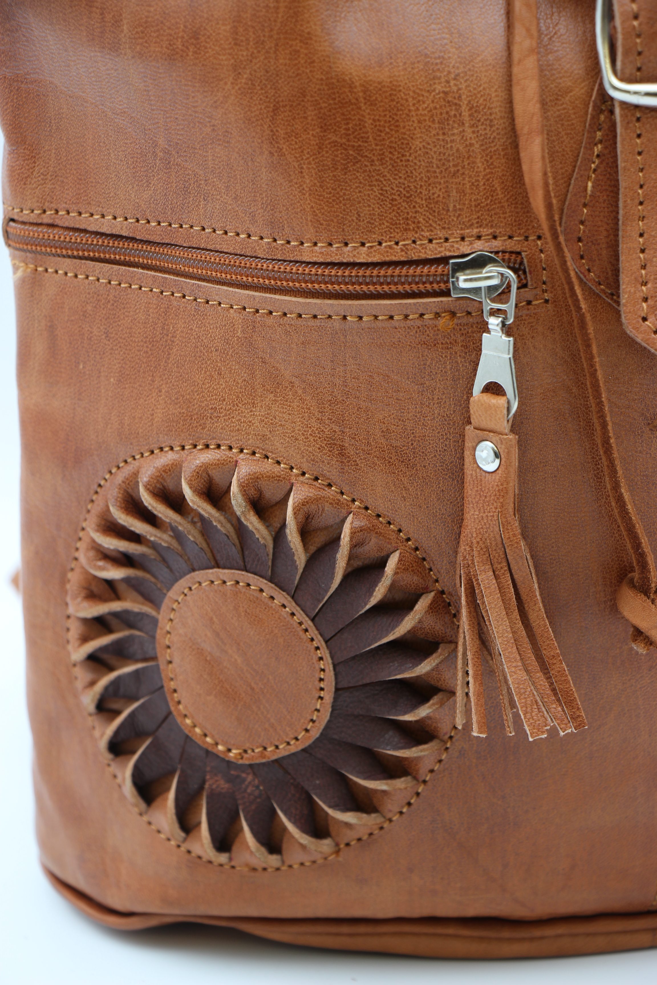 Genuine Moroccan Leather Back Pack - Brown With Brown Sunflowers 3
