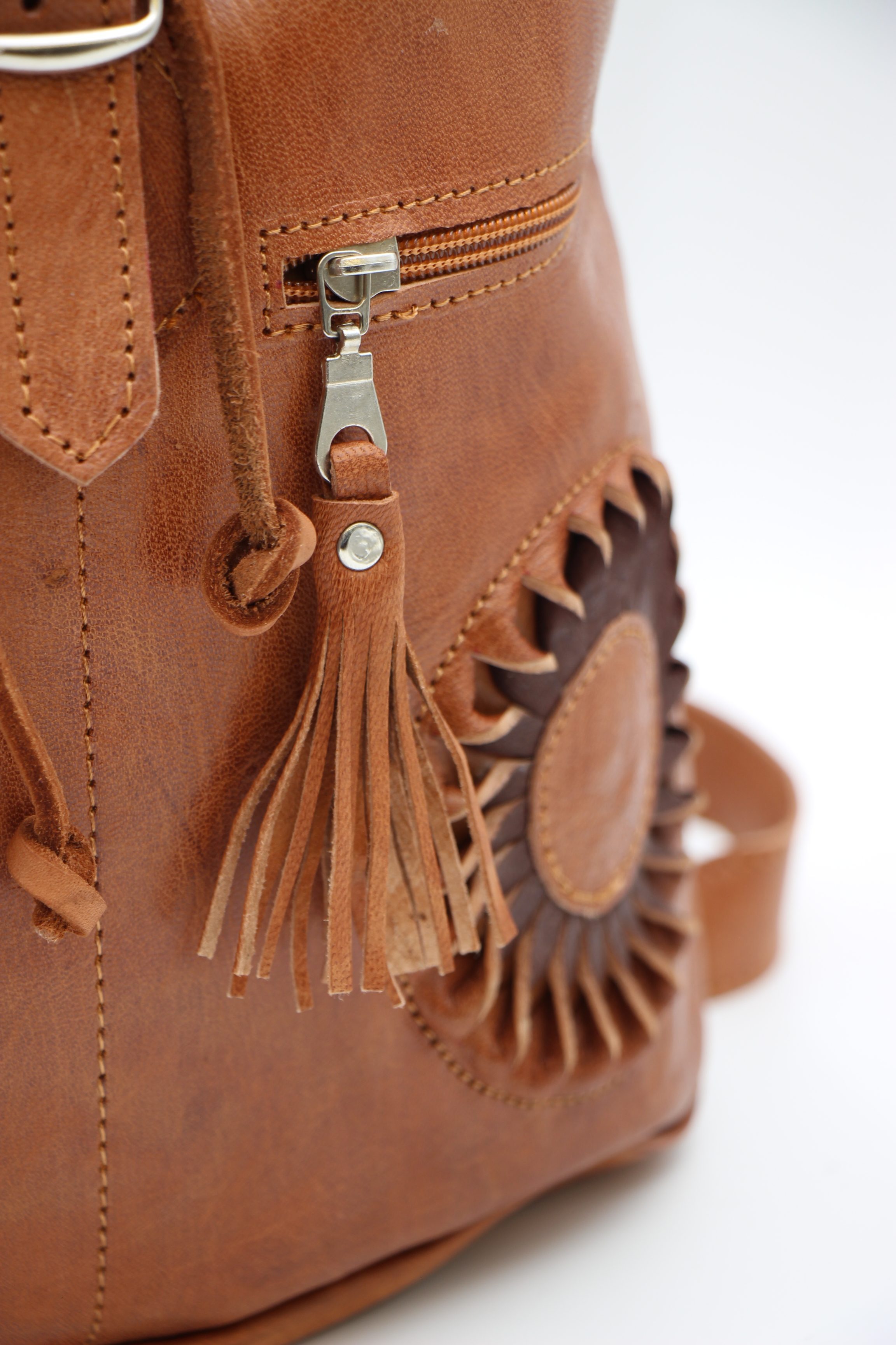 Genuine Moroccan Leather Back Pack - Brown With Brown Sunflowers 4