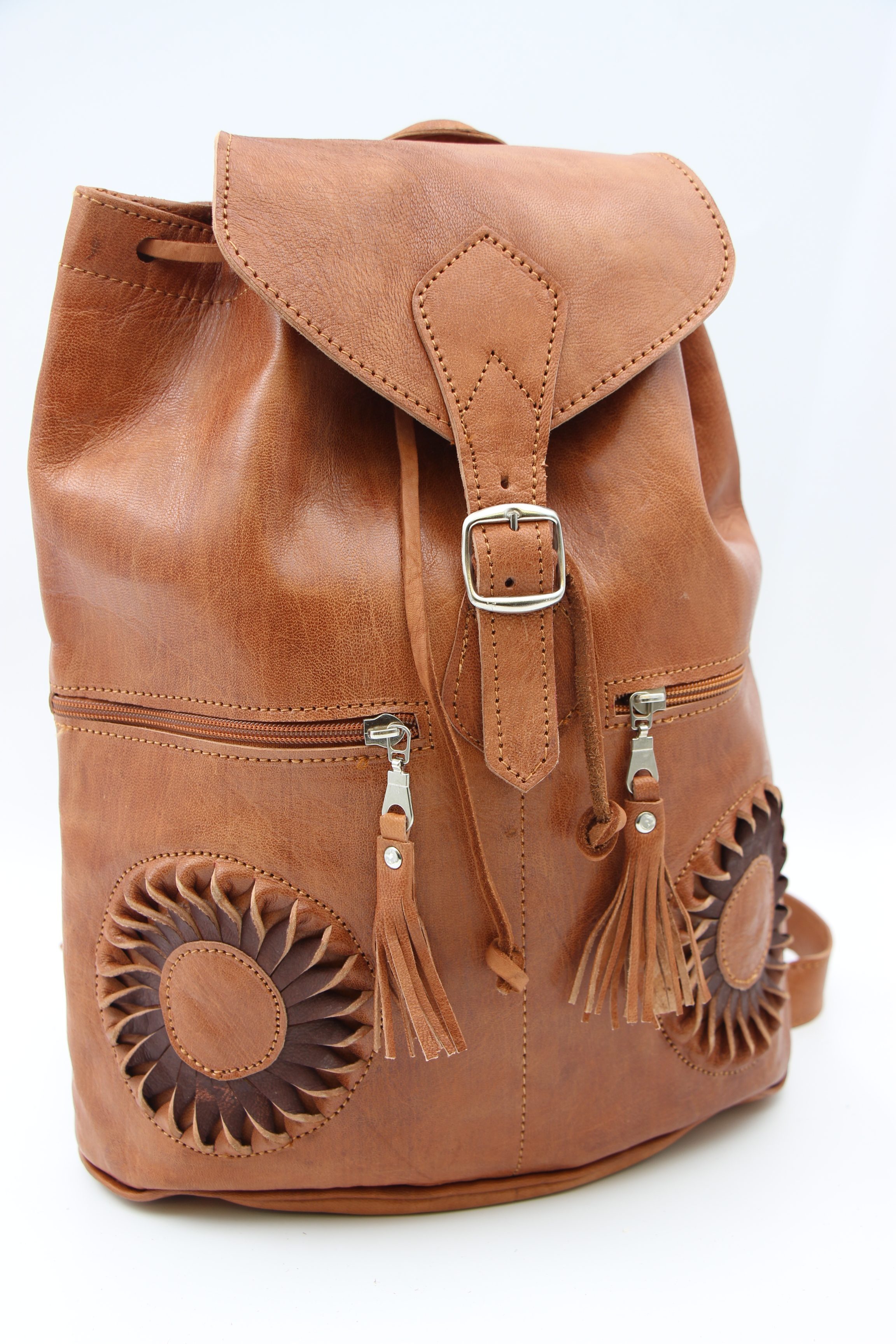 Genuine Moroccan Leather Back Pack - Brown With Brown Sunflowers