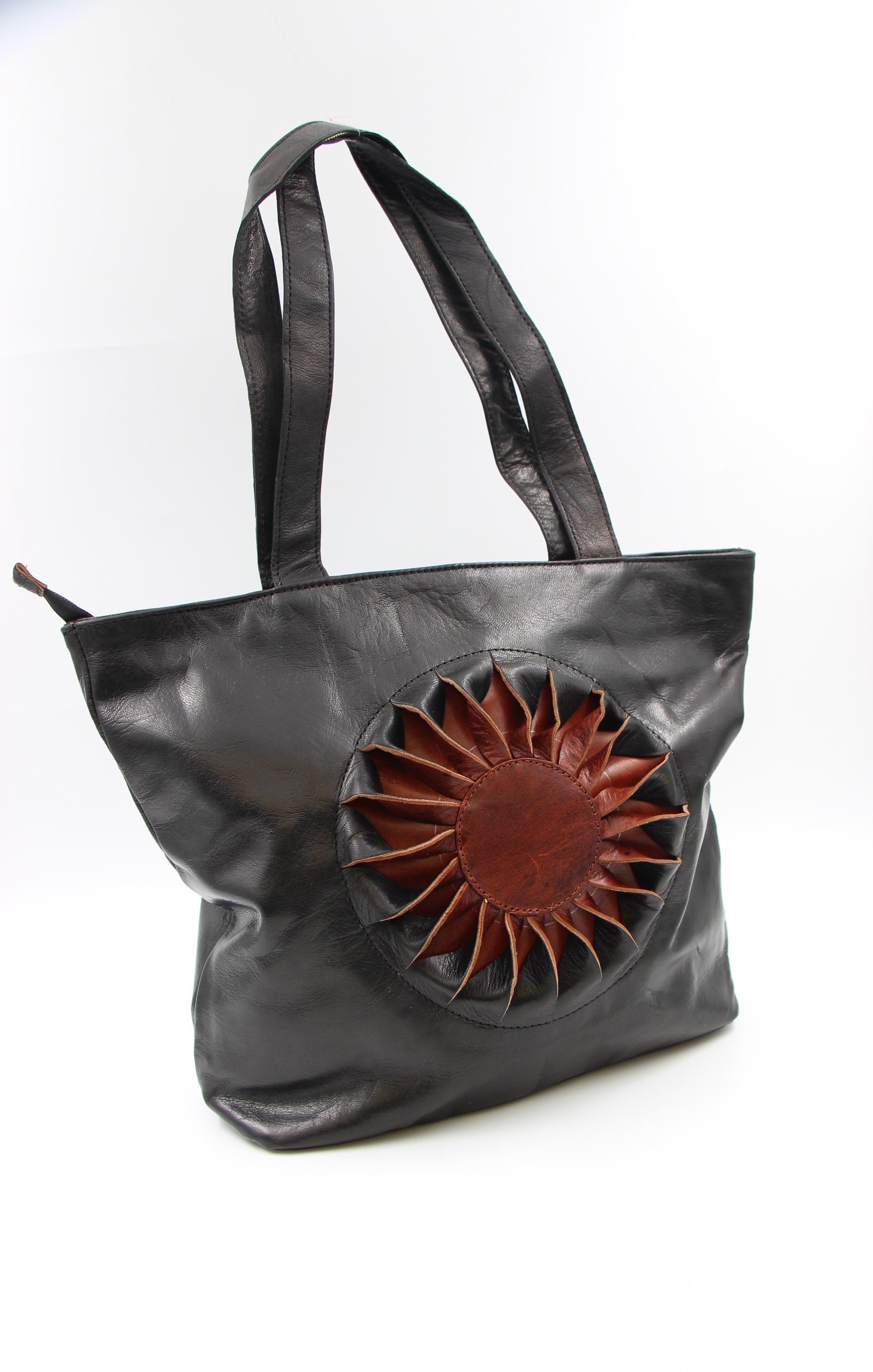 Genuine Moroccan Leather Shoulder Bag - Black With Dark Brown Sunflower