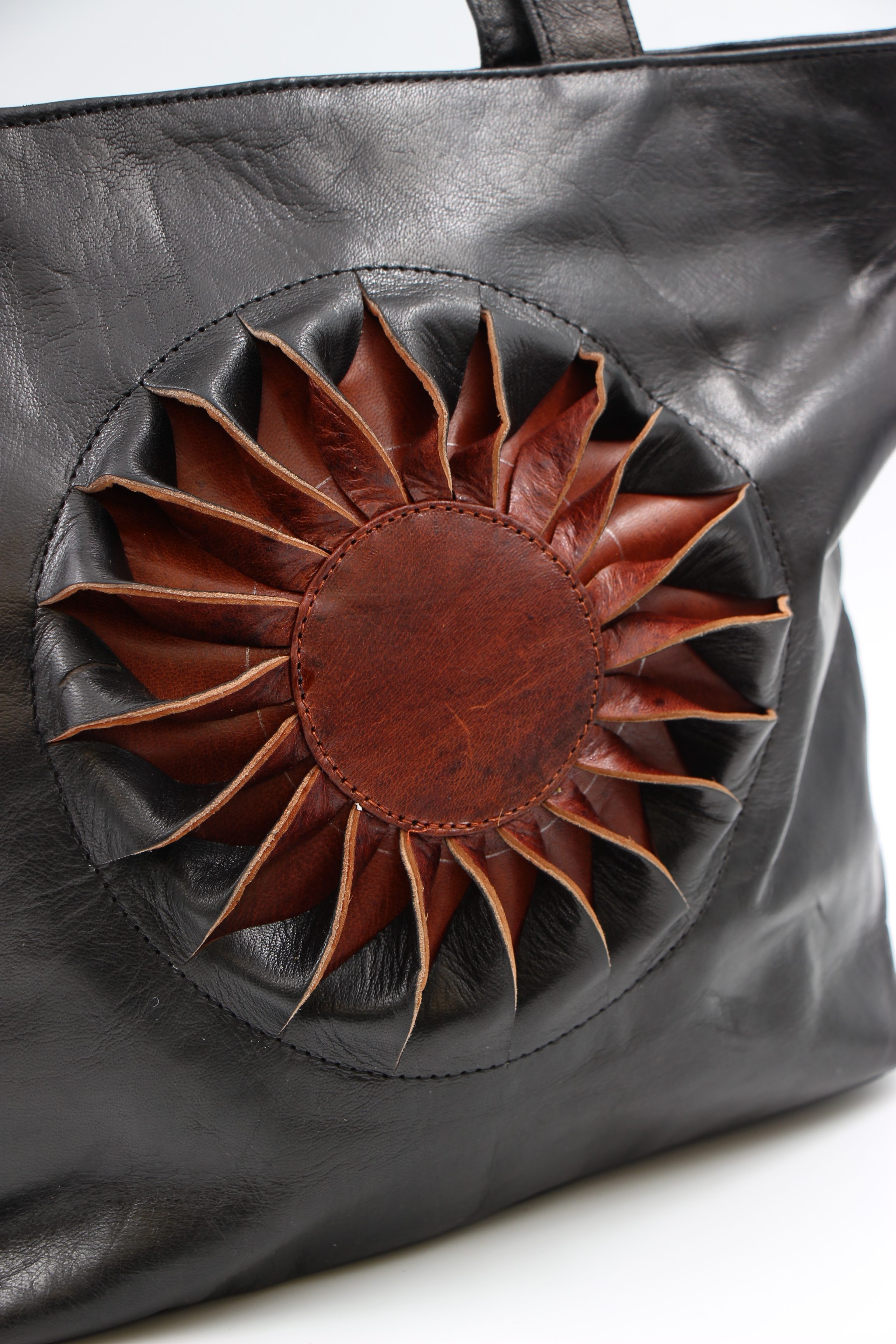 Genuine Moroccan Leather Shoulder Bag - Black With Dark Brown Sunflower 1