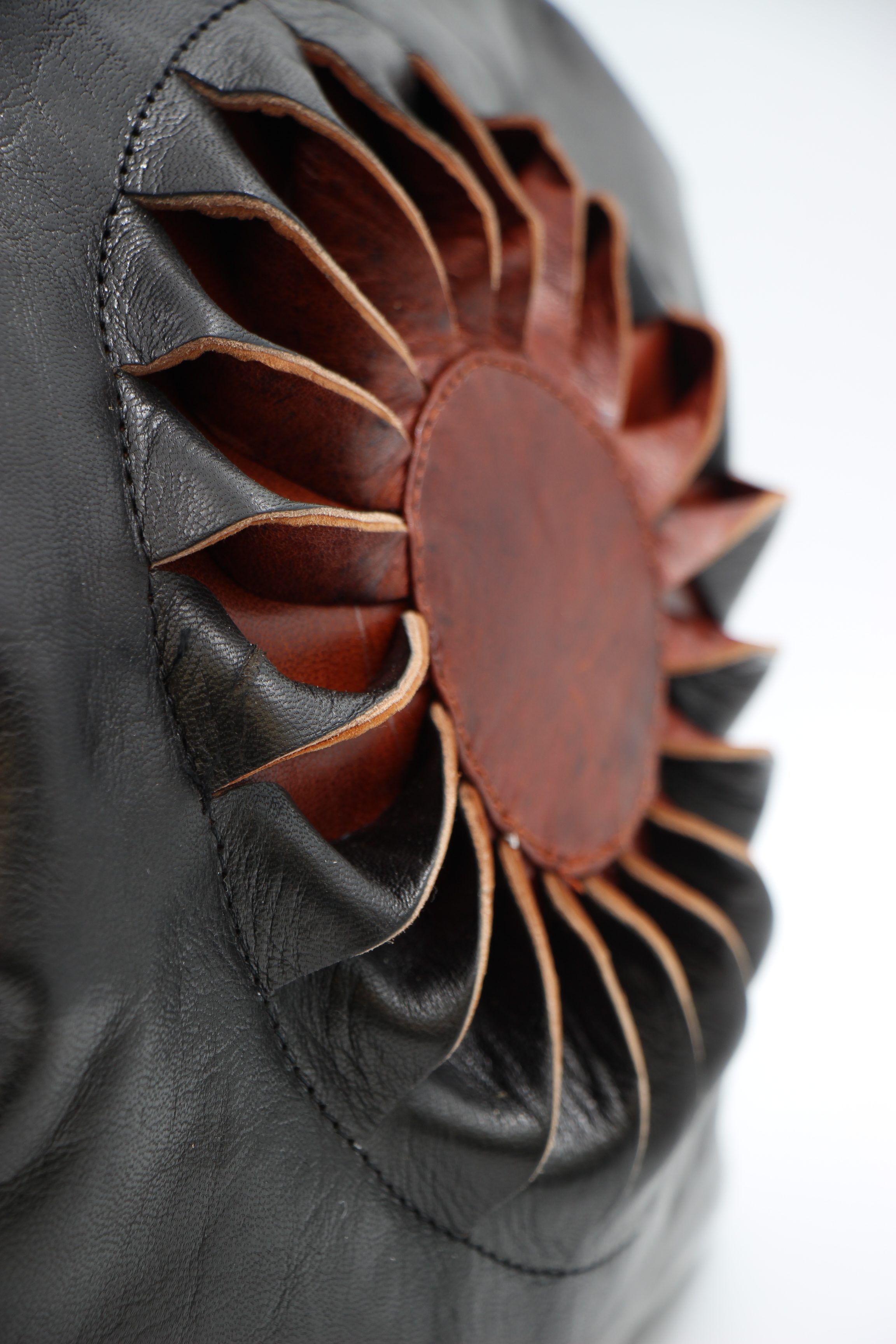 Genuine Moroccan Leather Shoulder Bag - Black With Dark Brown Sunflower 2