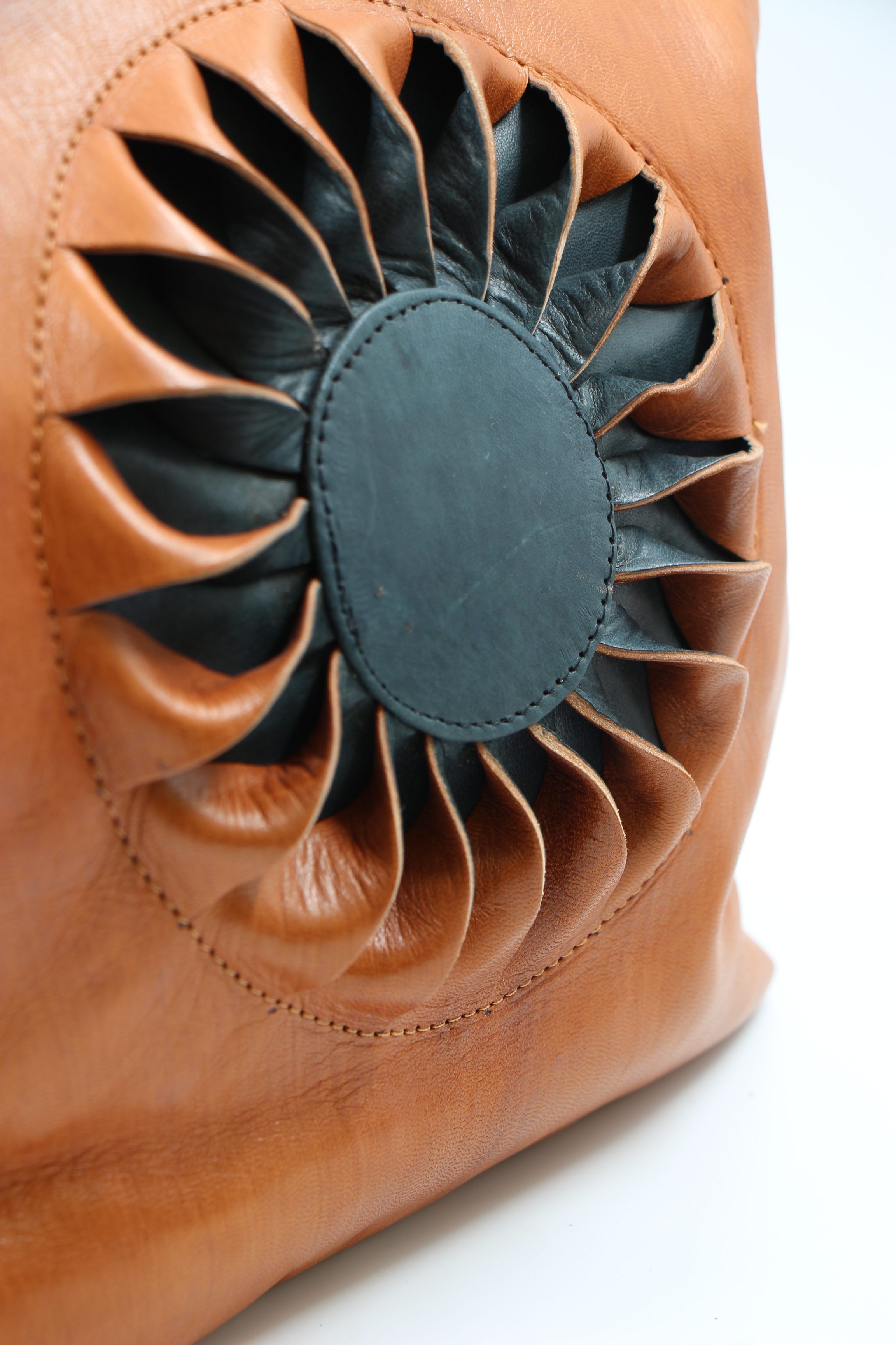 Genuine Moroccan Leather Shoulder Bag - Light Brown with Charcoal Sun Flower 3