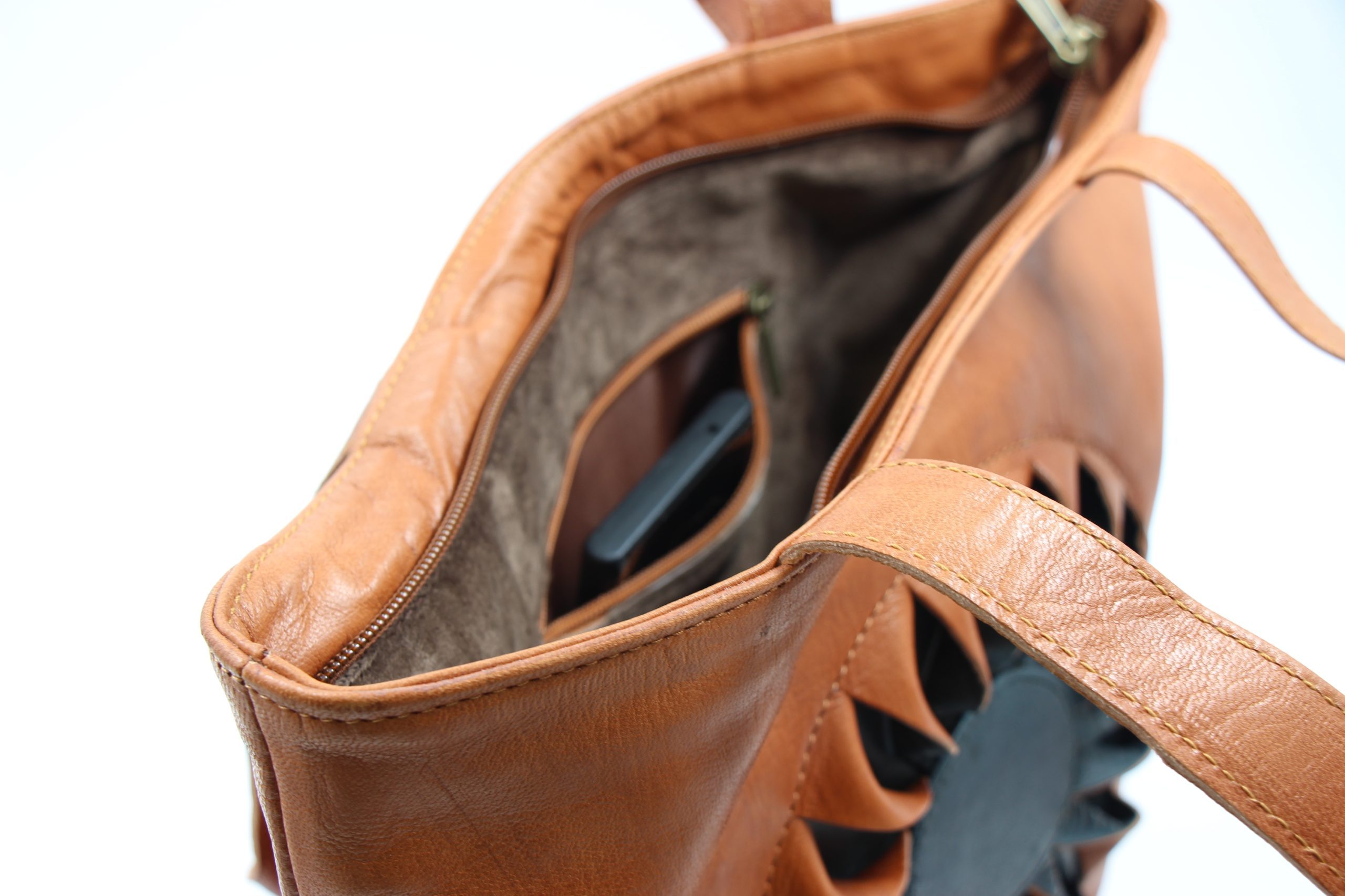 Genuine Moroccan Leather Shoulder Bag - Light Brown with Charcoal Sun Flower 6