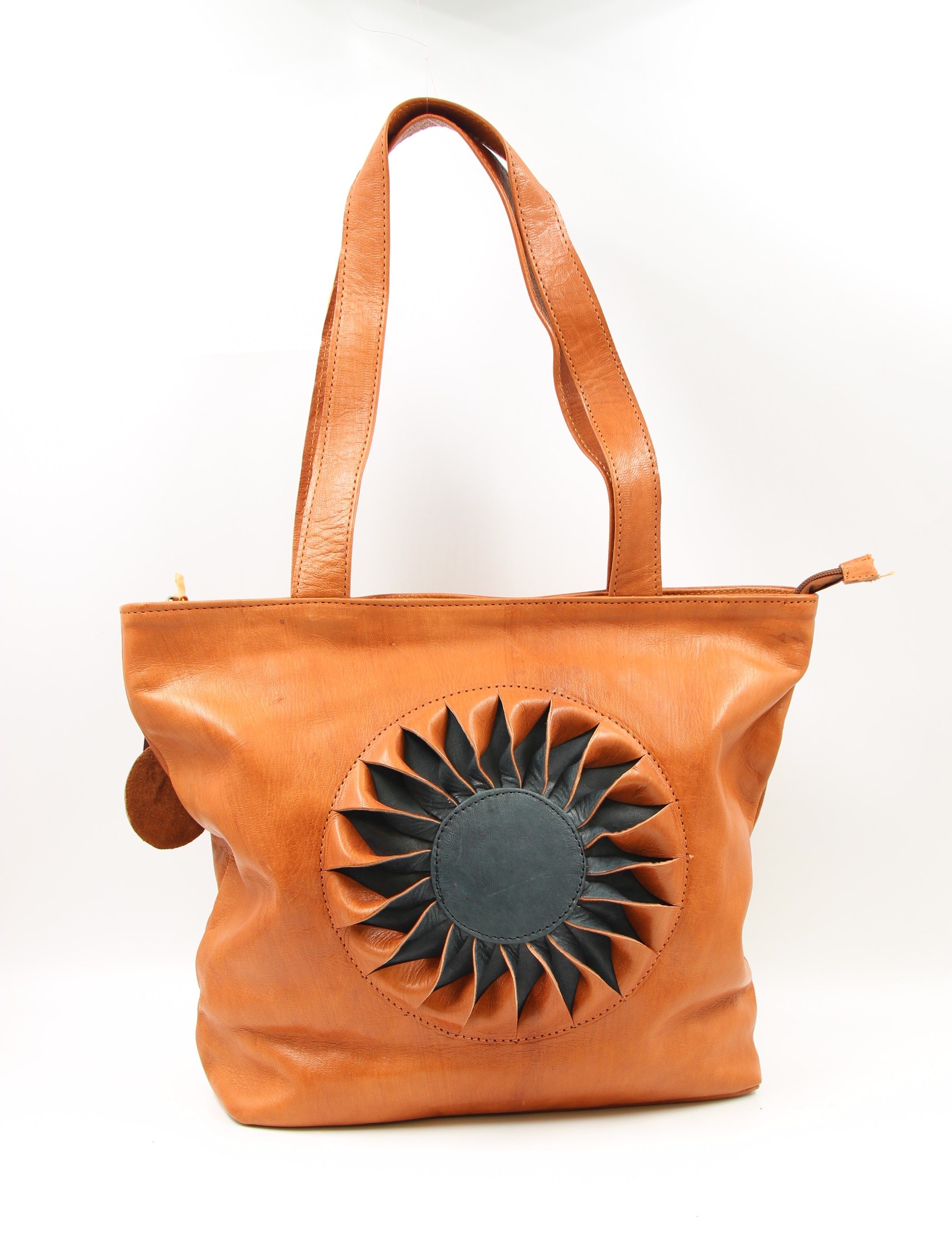 Genuine Moroccan Leather Shoulder Bag - Light Brown with Charcoal Sun Flower 7