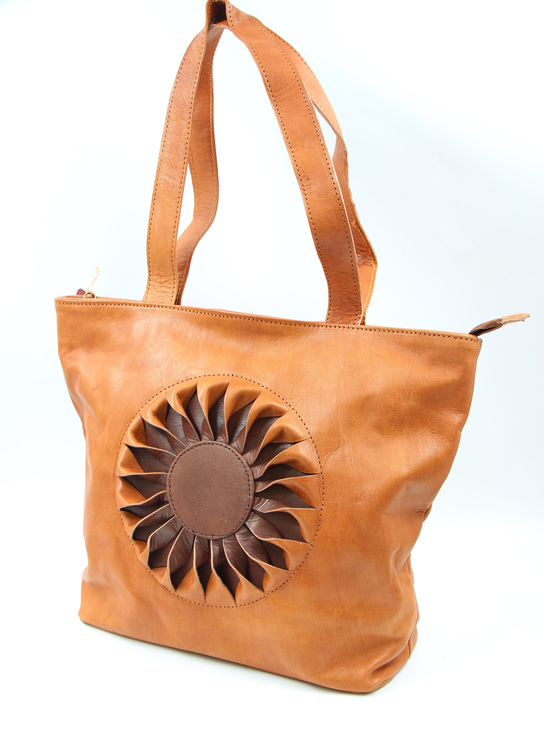 Genuine Moroccan Leather Shoulder Bag - Light Brown with Dark Brown Sun Flower 1