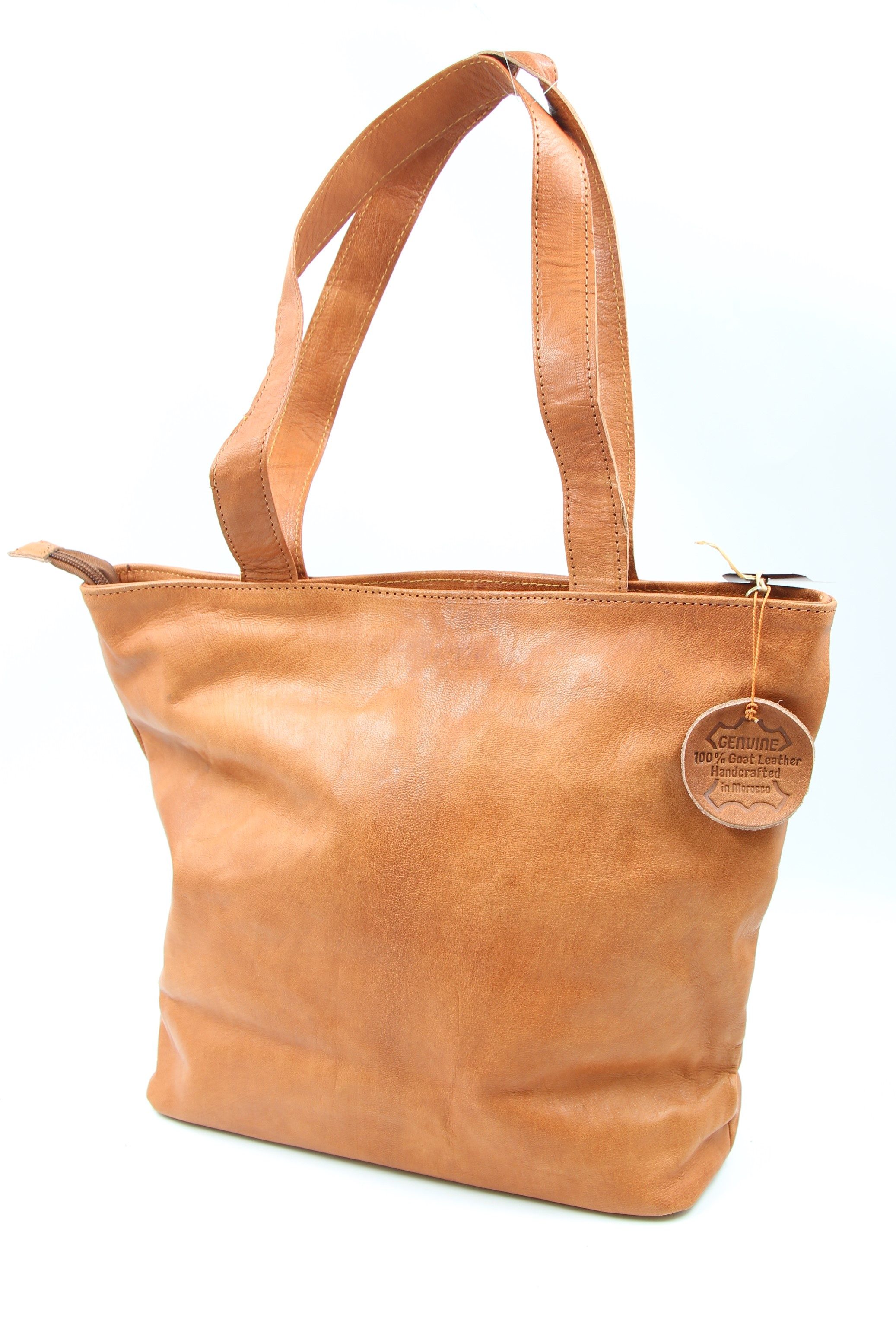 Genuine Moroccan Leather Shoulder Bag - Light Brown with Dark Brown Sun Flower 2