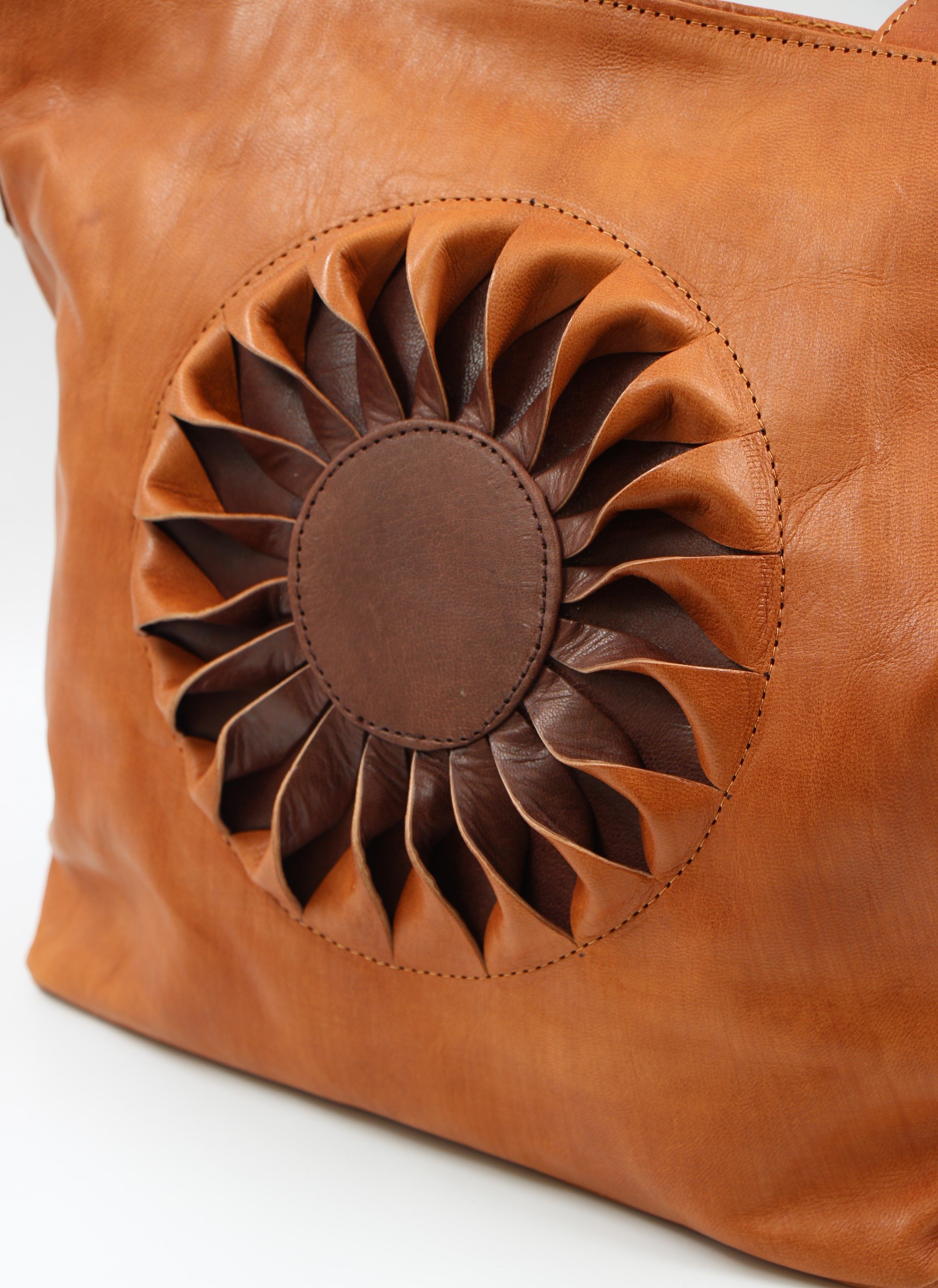 Genuine Moroccan Leather Shoulder Bag - Light Brown with Dark Brown Sun Flower 3