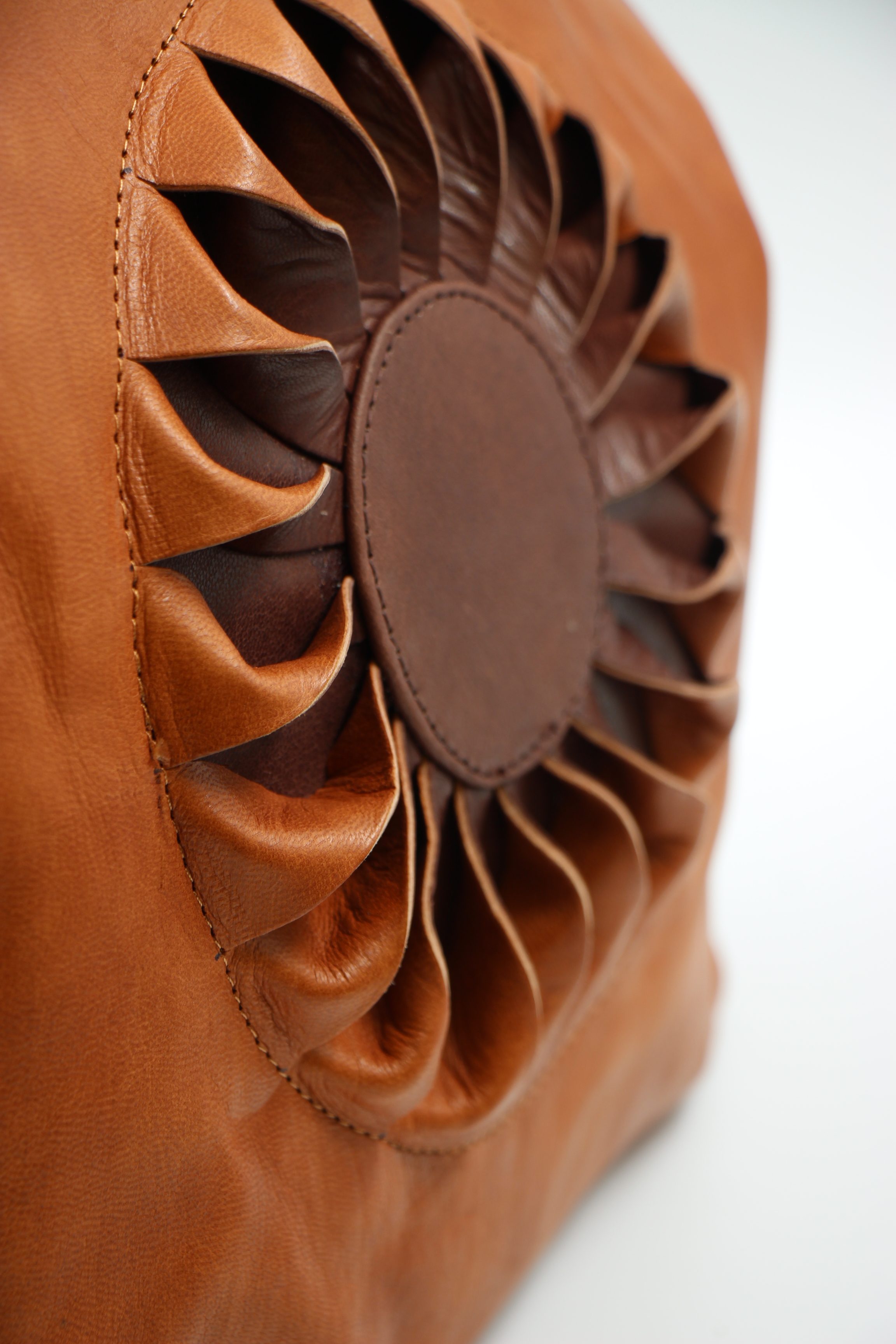 Genuine Moroccan Leather Shoulder Bag - Light Brown with Dark Brown Sun Flower 4