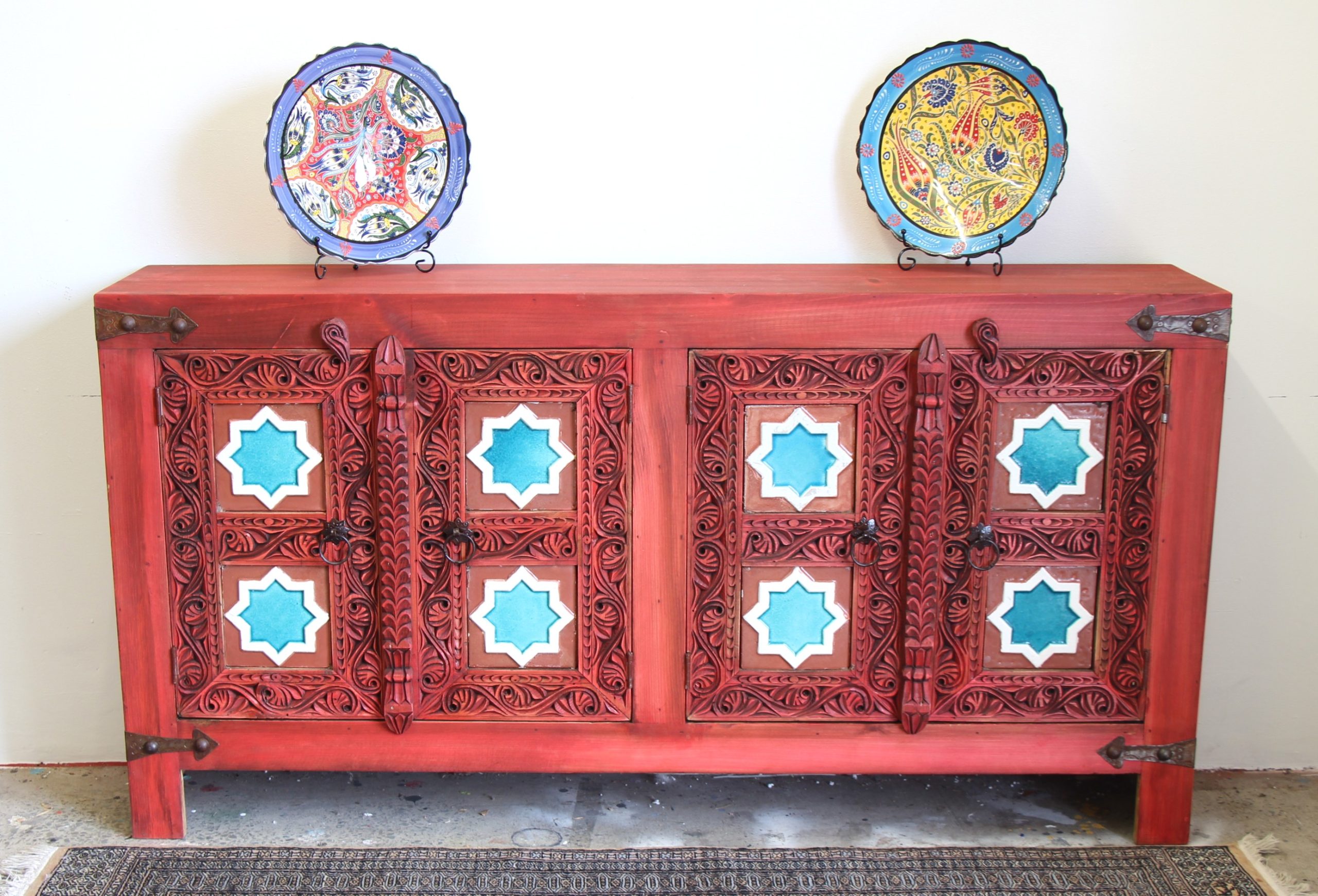 Hand Carved 4 Door Sideboard With Ceramic Inserts-1