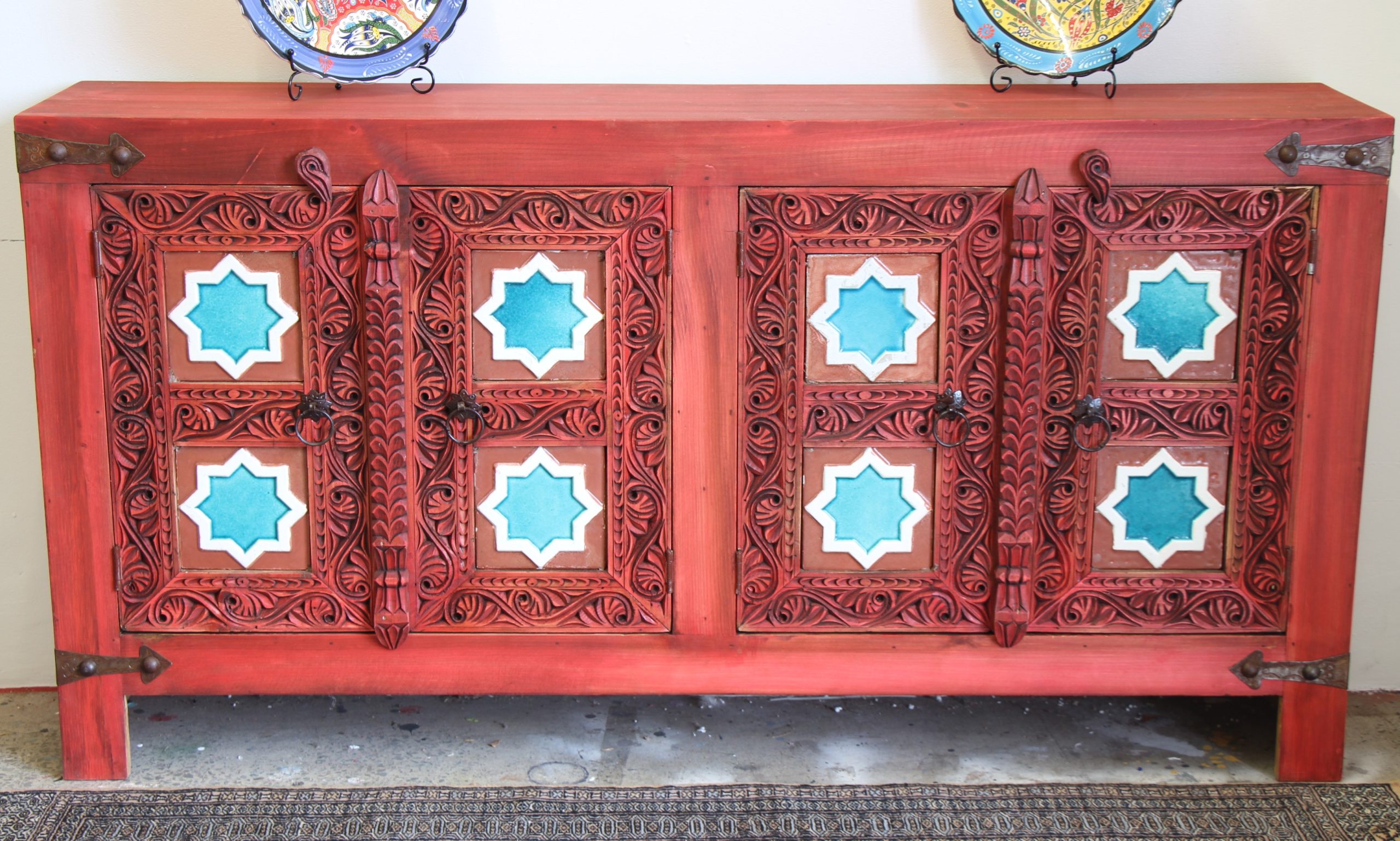 Hand Carved 4 Door Sideboard With Ceramic Inserts-2