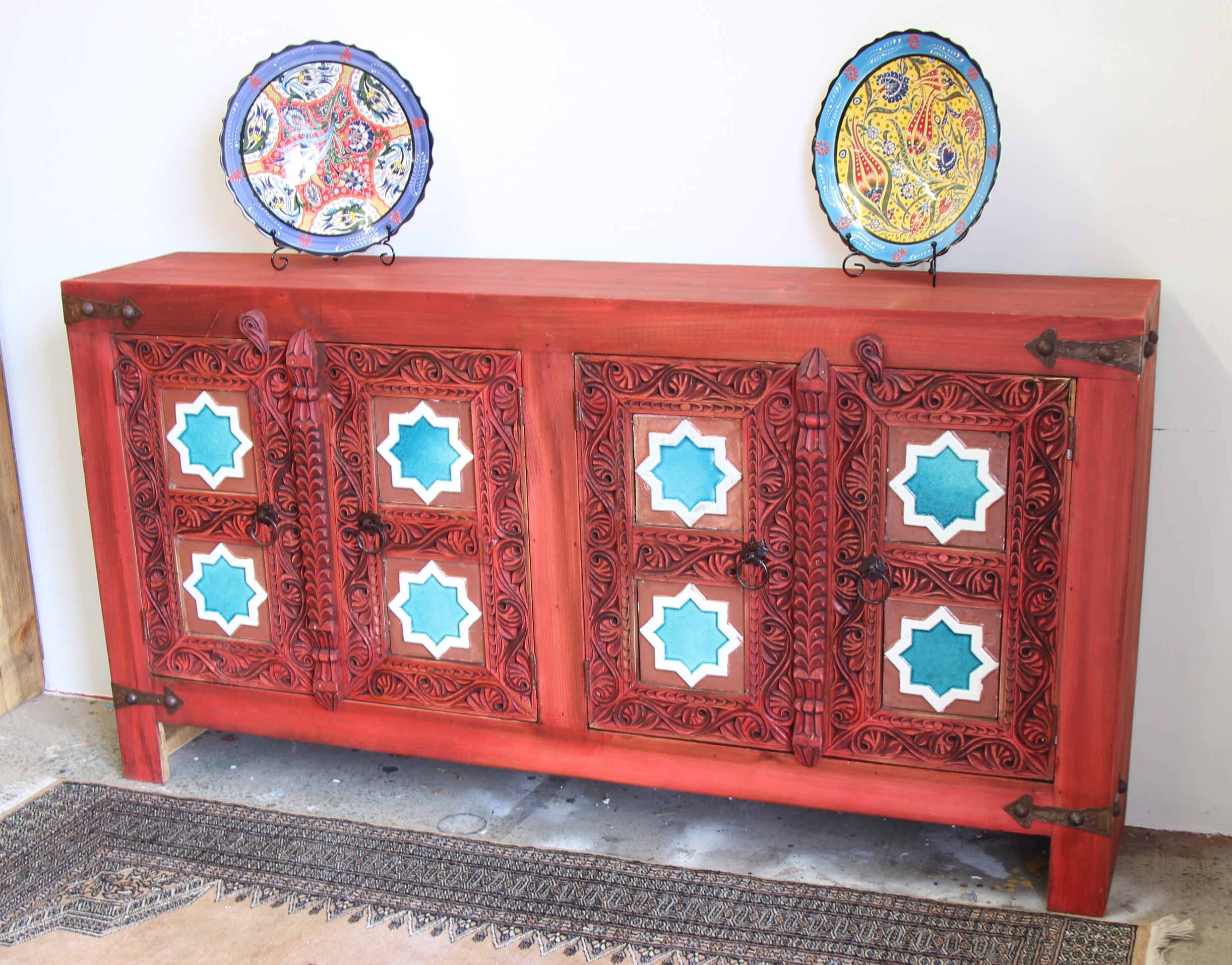 Hand Carved 4 Door Sideboard With Ceramic Inserts-3