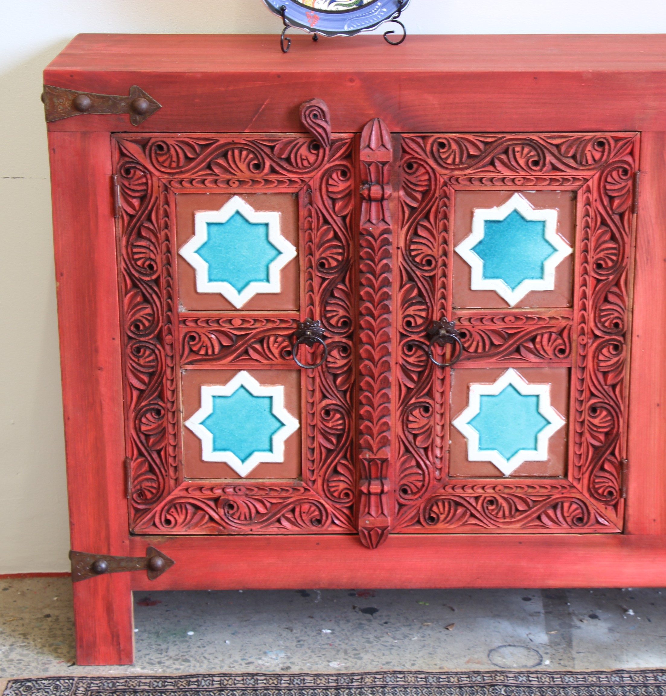 Hand Carved 4 Door Sideboard With Ceramic Inserts-4