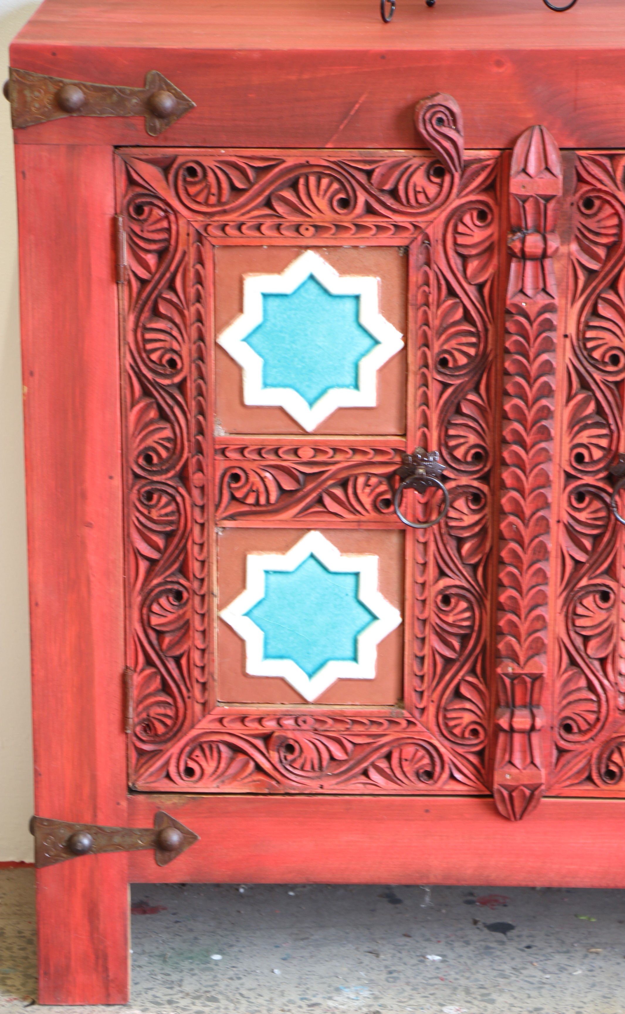 Hand Carved 4 Door Sideboard With Ceramic Inserts-5