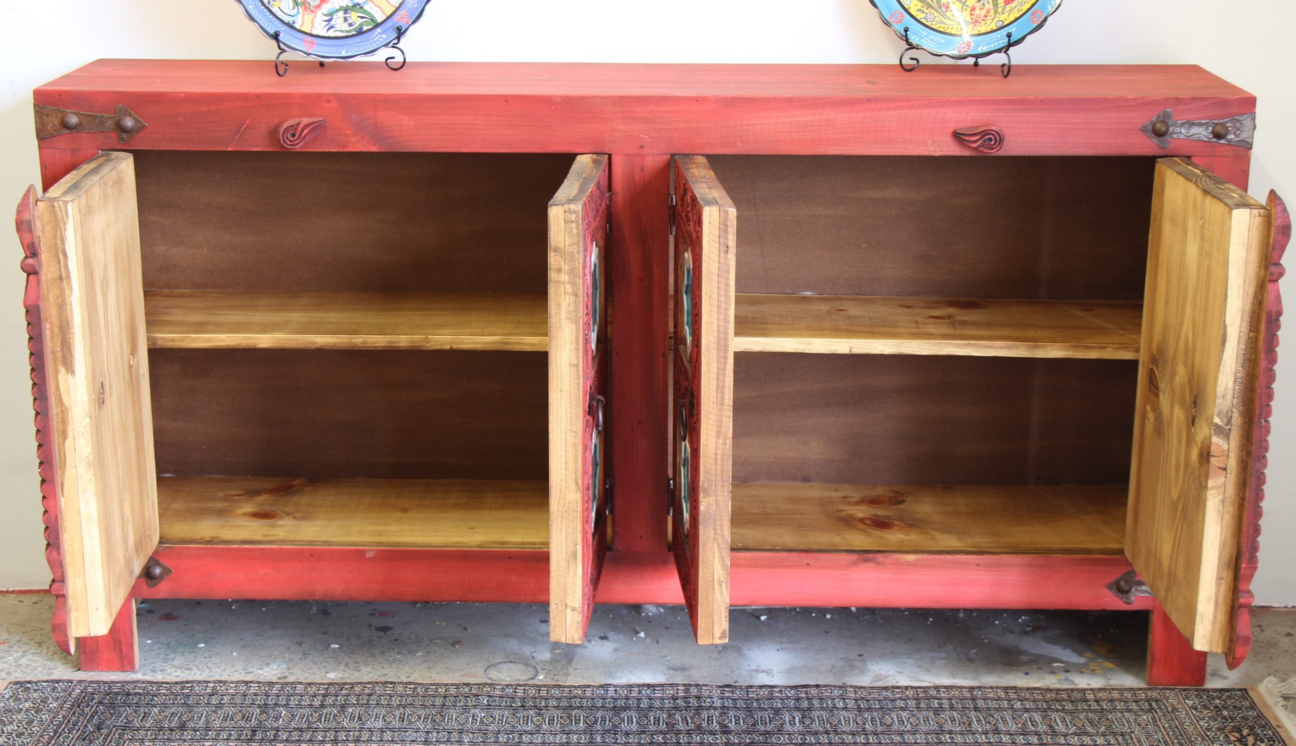 Hand Carved 4 Door Sideboard With Ceramic Inserts-6