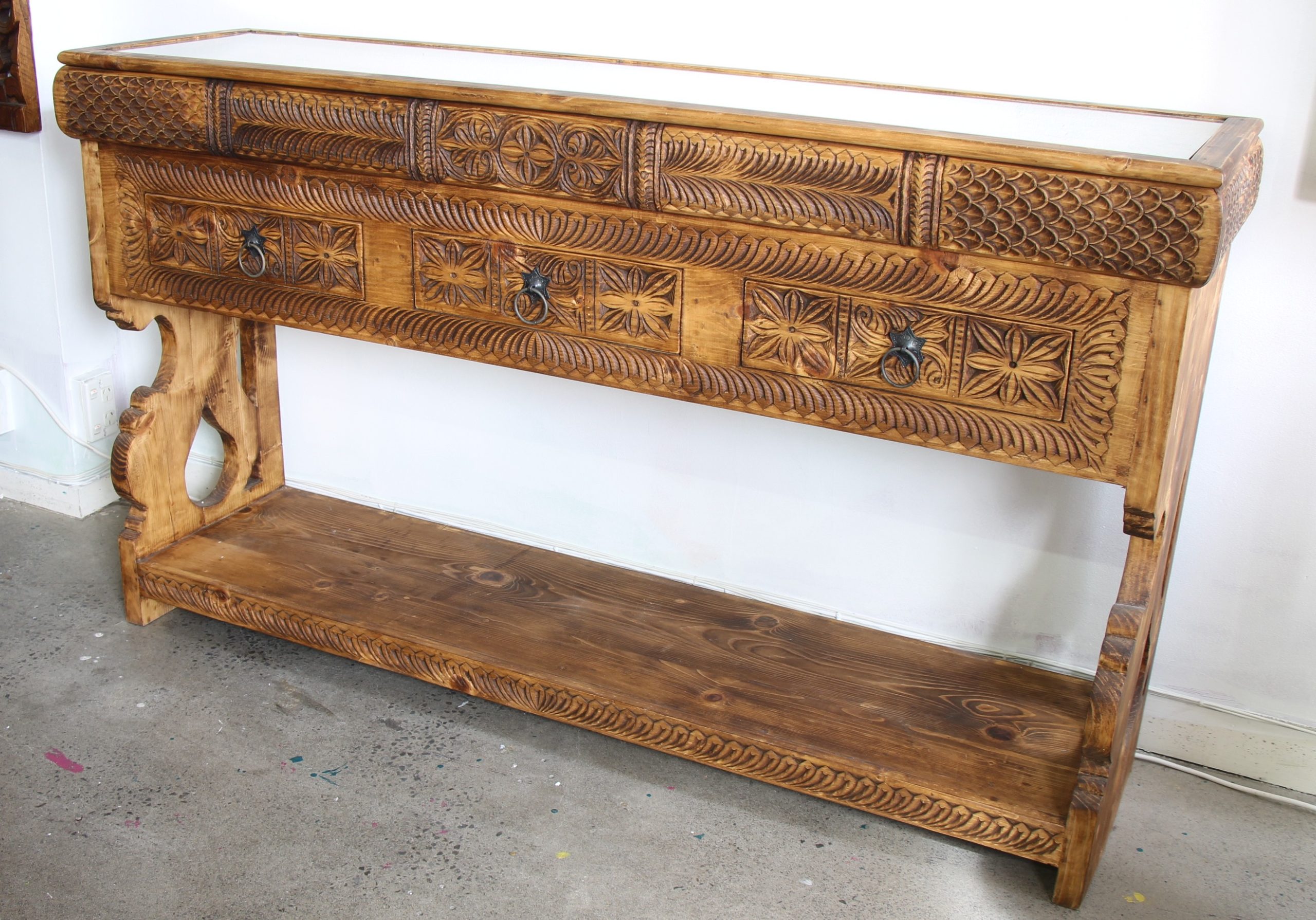 Hand Carved Buffet Unit With 3 Drawers - 1