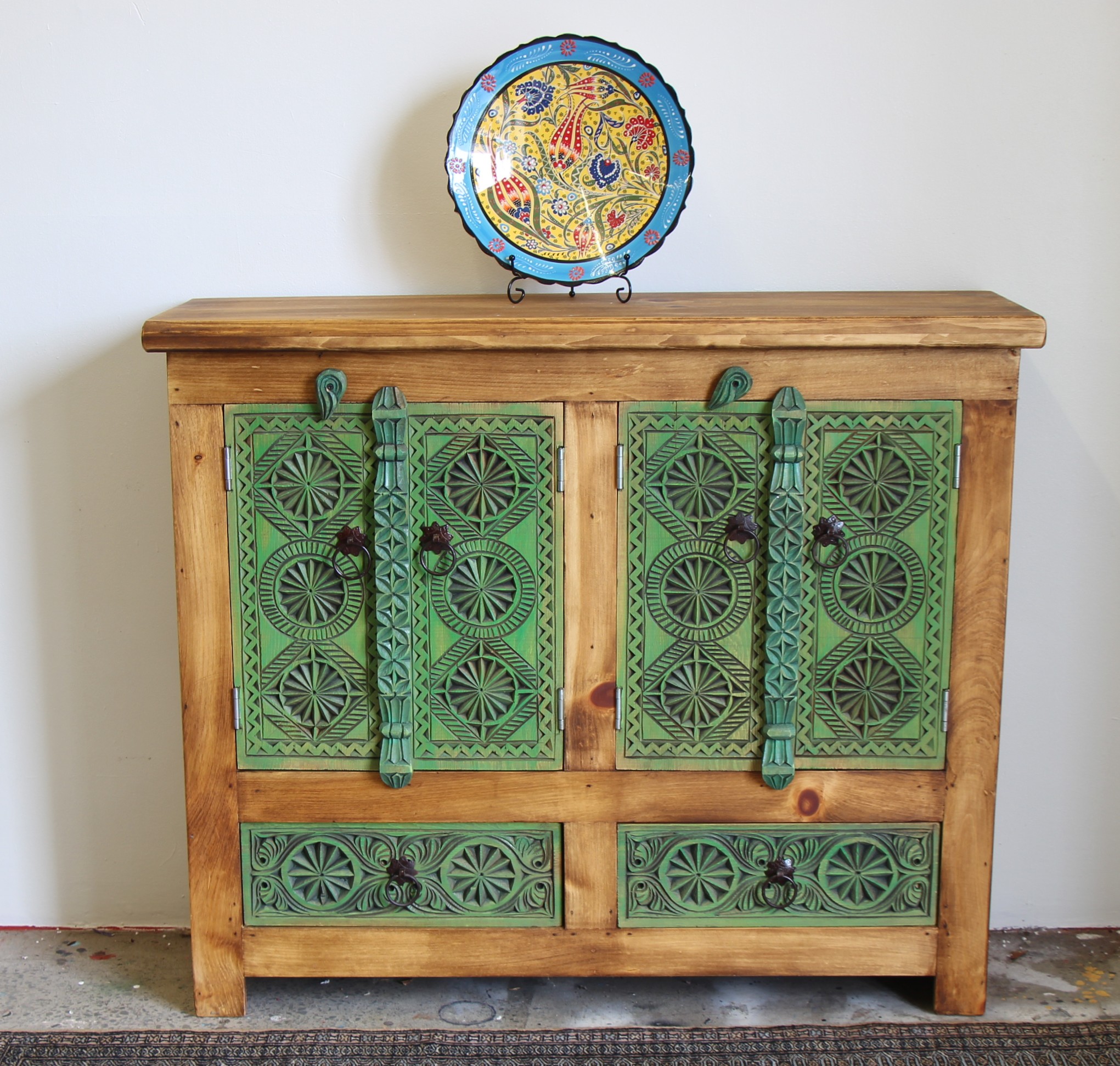Hand Carved Sideboard In Washed Green - 1