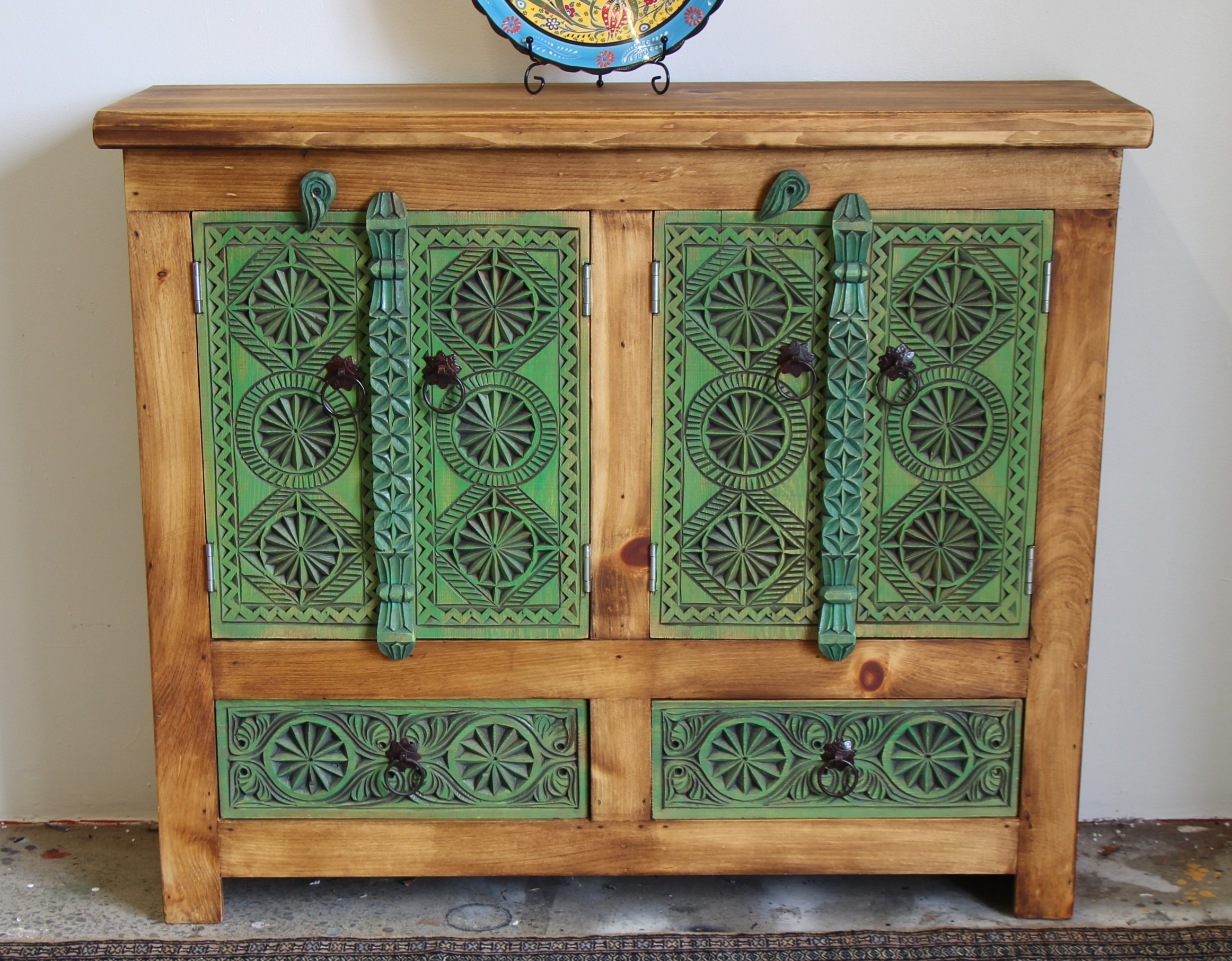 Hand Carved Sideboard In Washed Green - 2