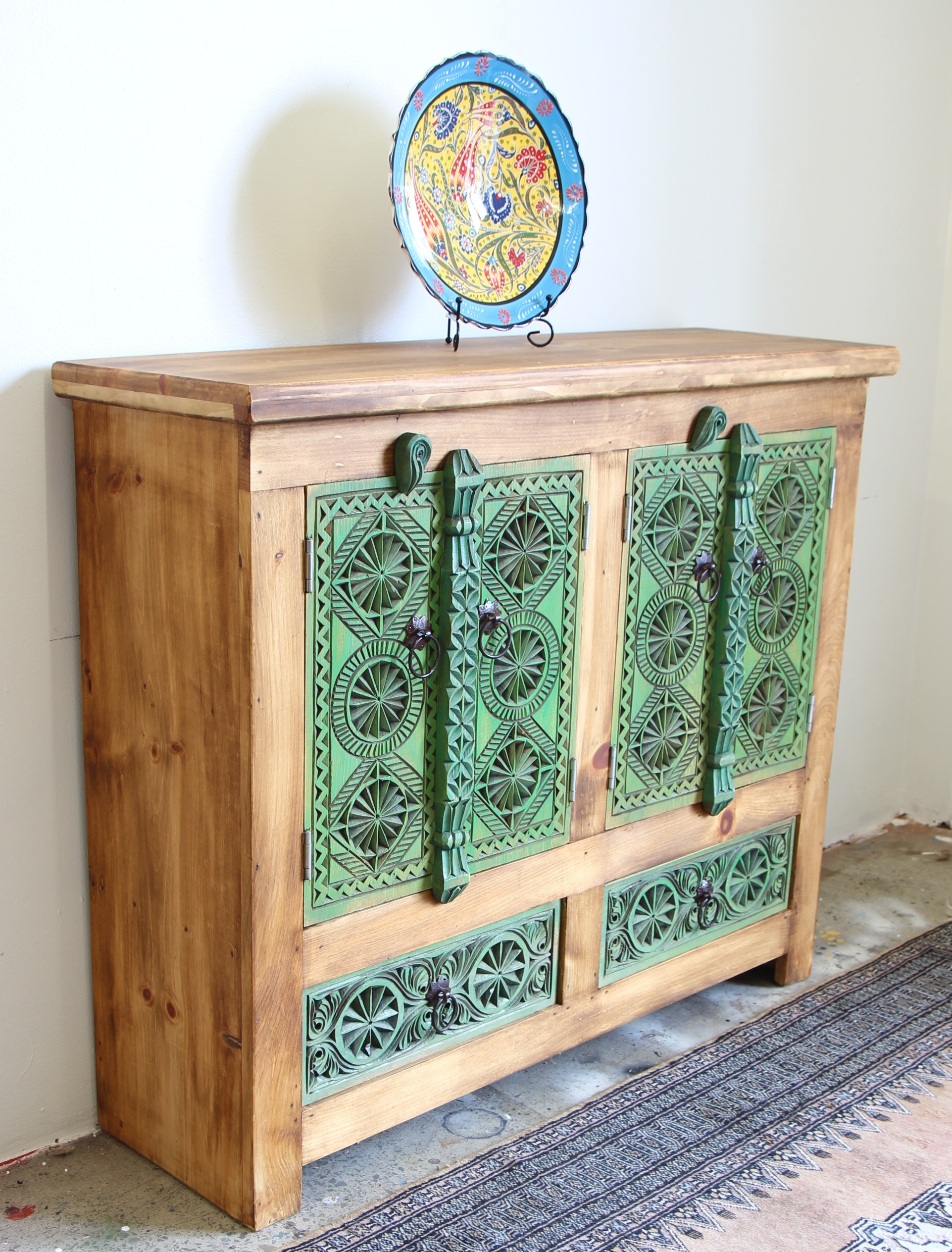 Hand Carved Sideboard In Washed Green - 3