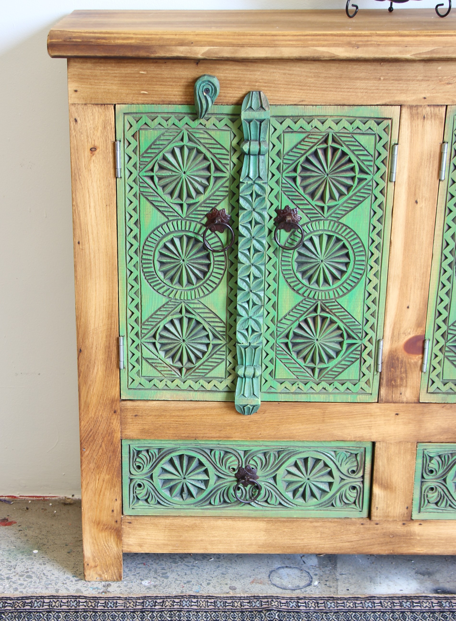 Hand Carved Sideboard In Washed Green - 4