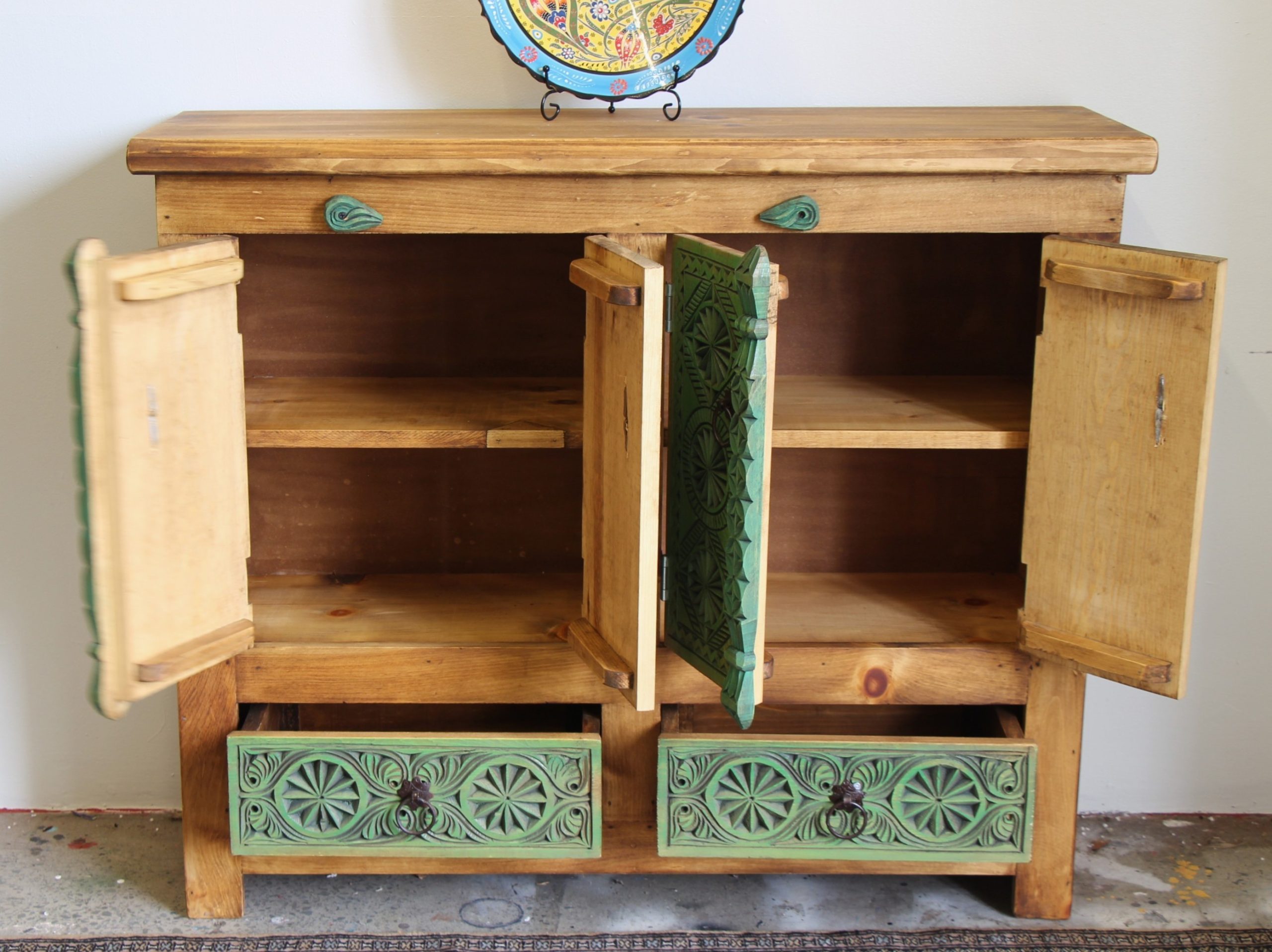 Hand Carved Sideboard In Washed Green - 7