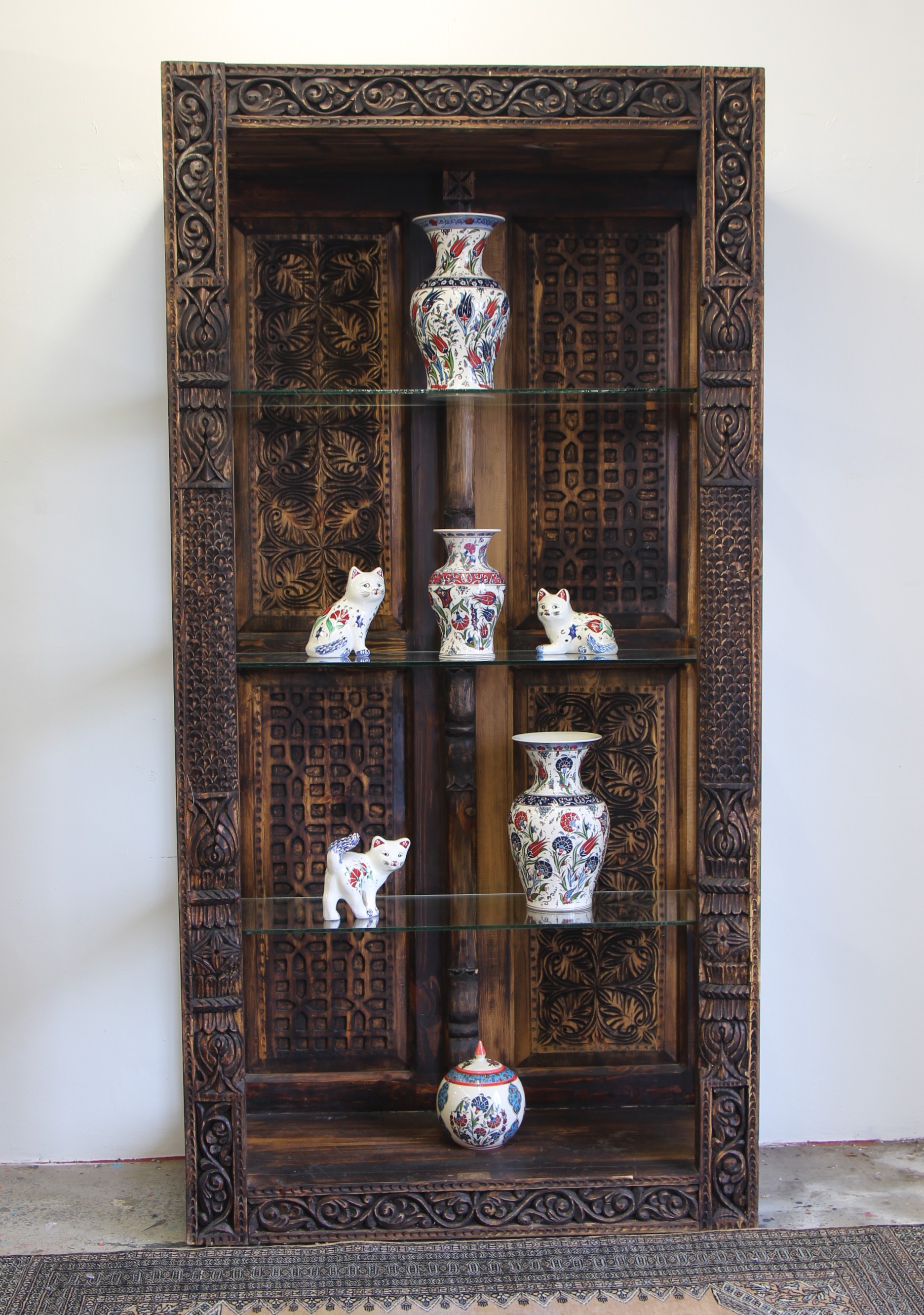 Hand carved Display Unit With 3 GLass Shelves -1