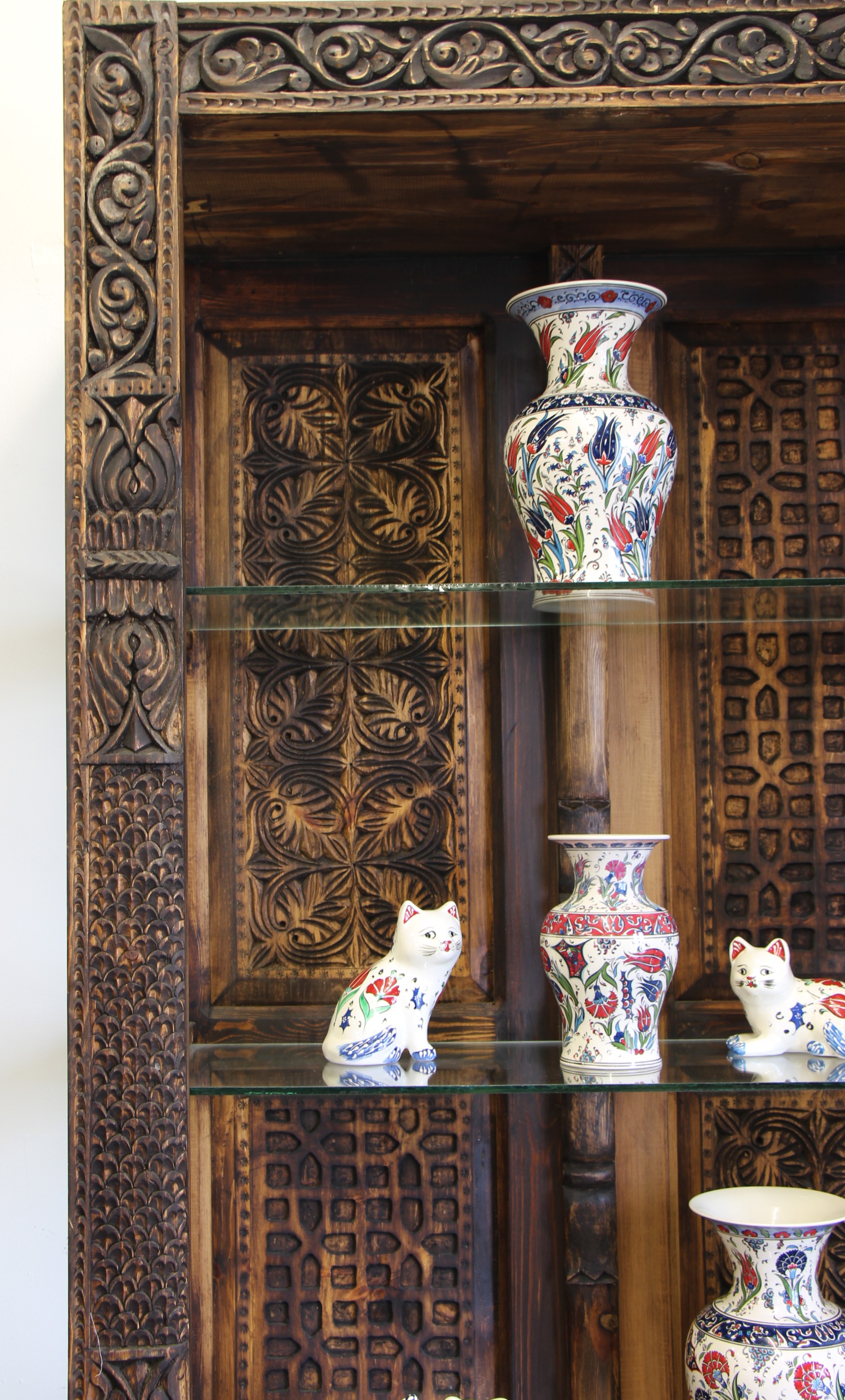 Hand carved Display Unit With 3 GLass Shelves -2