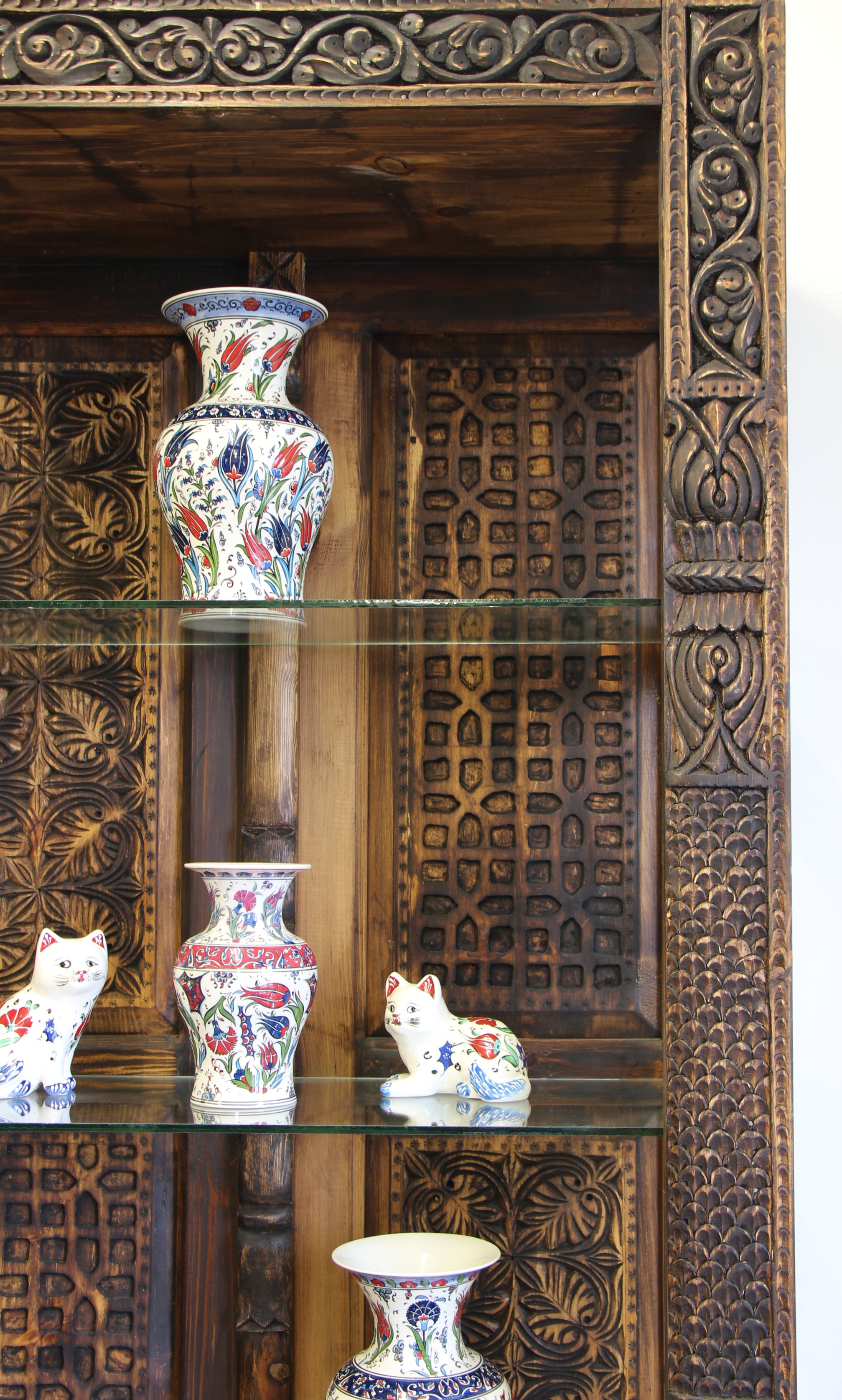 Hand carved Display Unit With 3 GLass Shelves -3