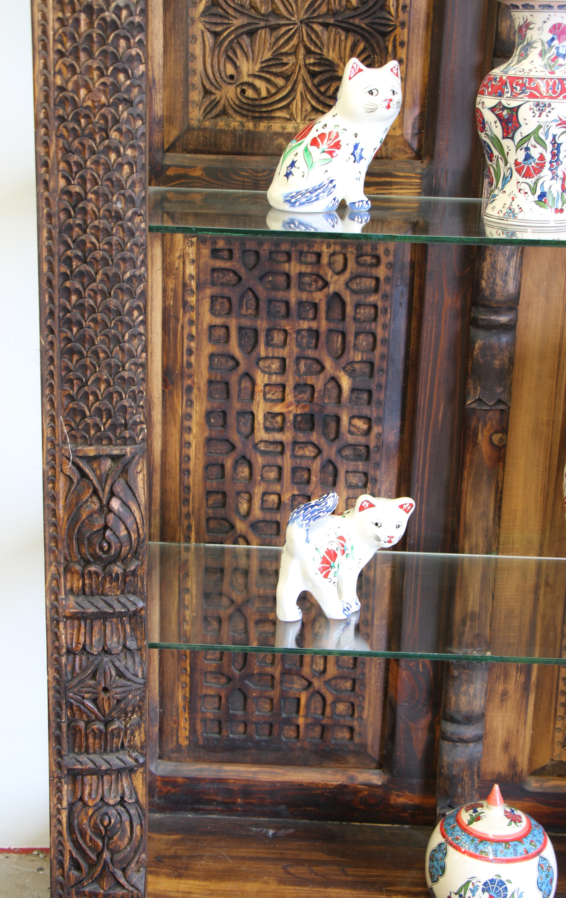 Hand carved Display Unit With 3 GLass Shelves -5