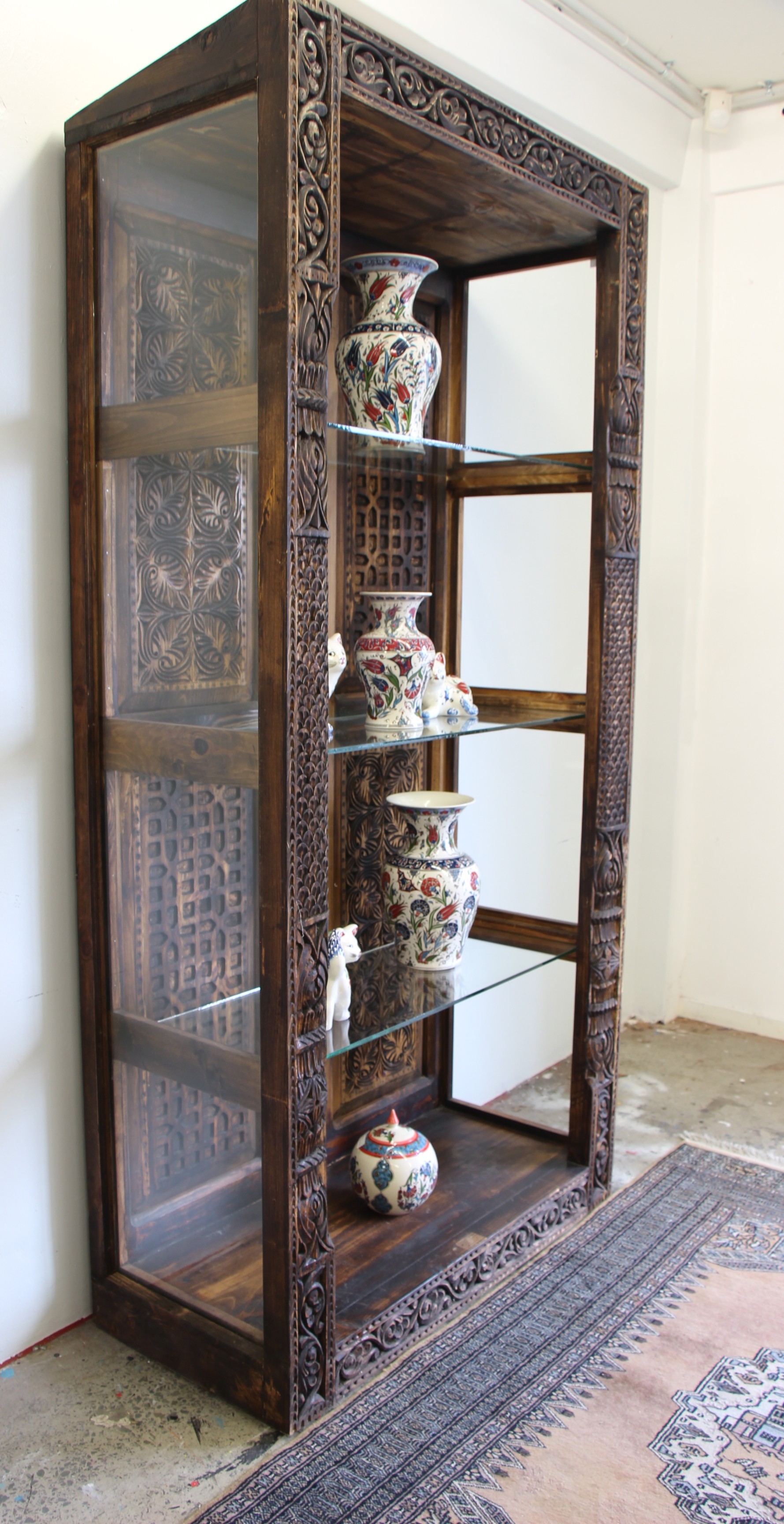 Hand carved Display Unit With 3 GLass Shelves -8