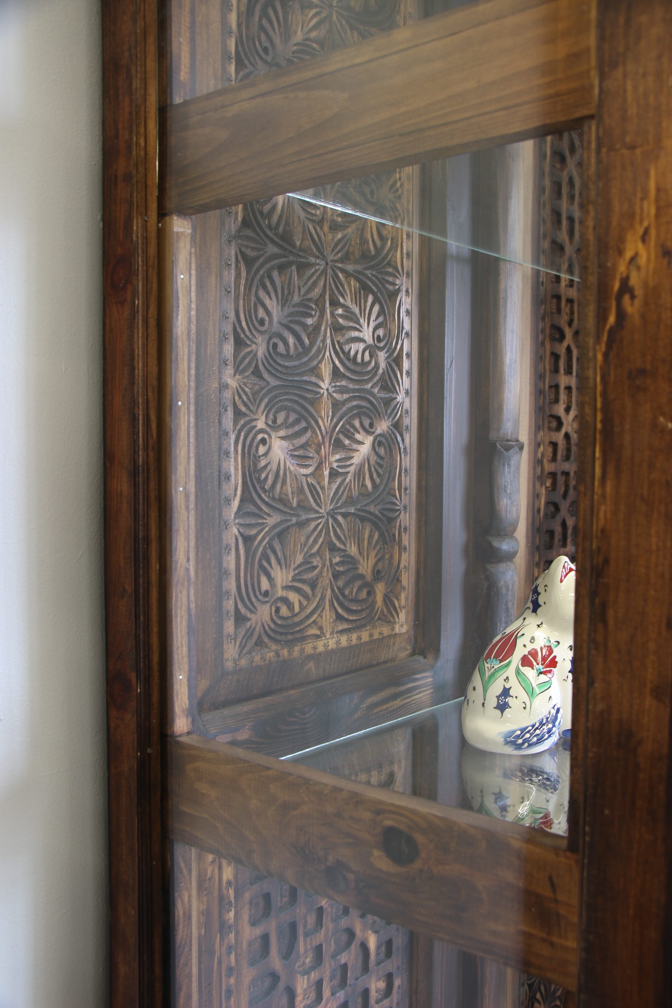 Hand carved Display Unit With 3 GLass Shelves -9