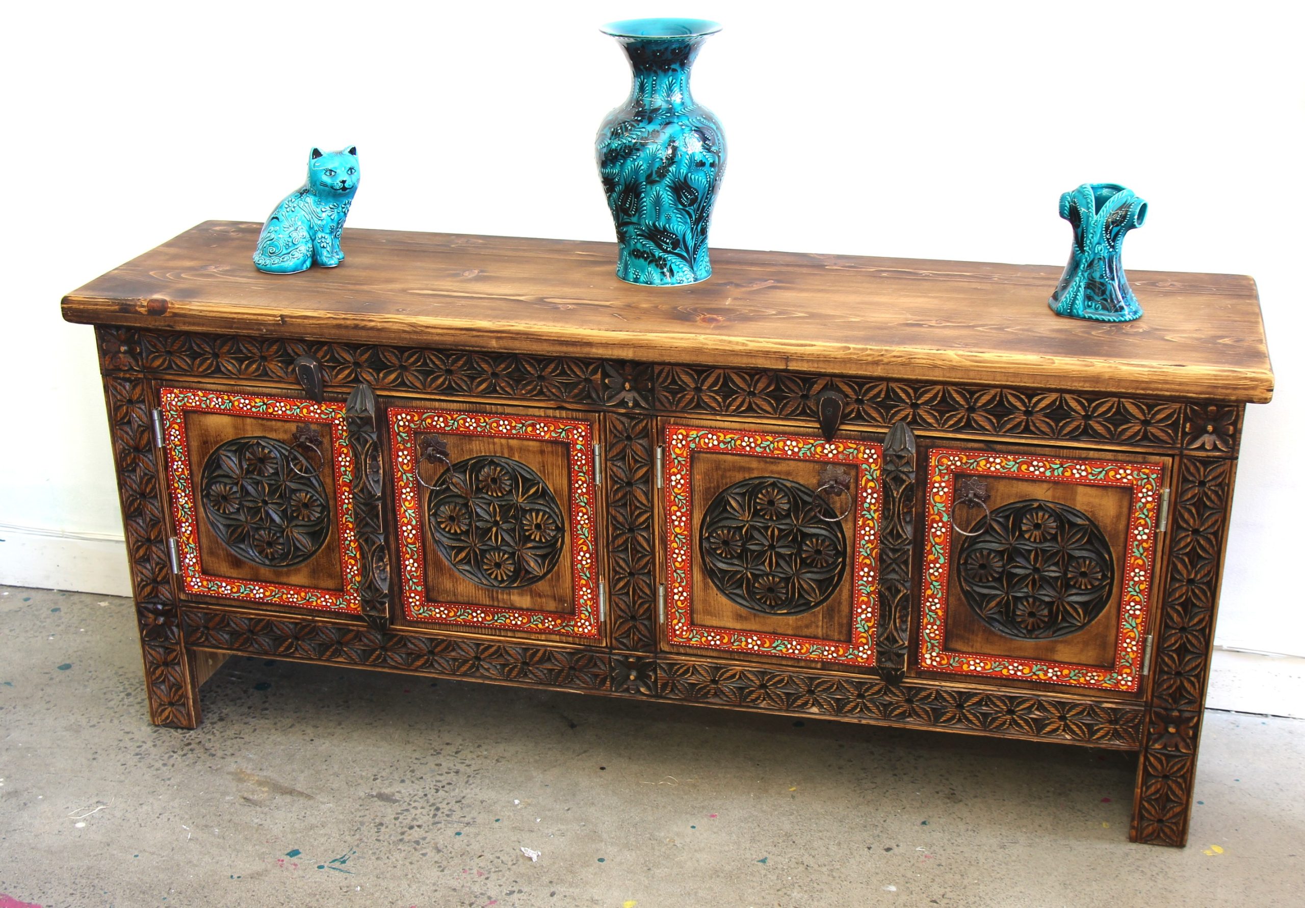 Handcarved Lowboy With 4 Handpainted Doors -1