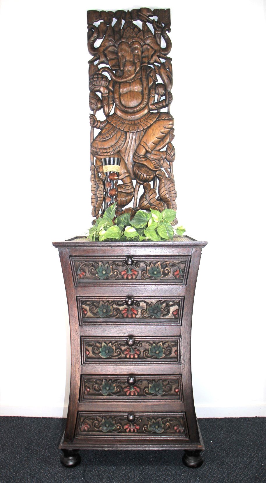 Handcrafted Rattan Med Tallboy With Coloured Carving 1