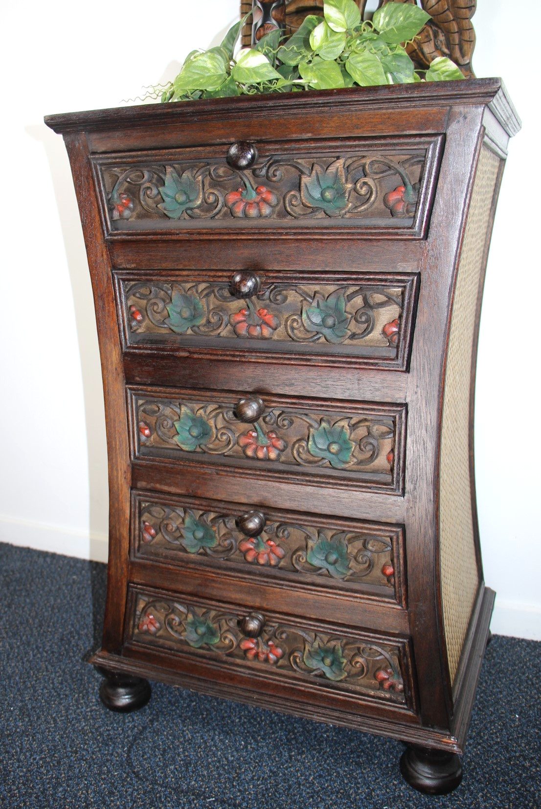 Handcrafted Rattan Med Tallboy With Coloured Carving 2 - Copy