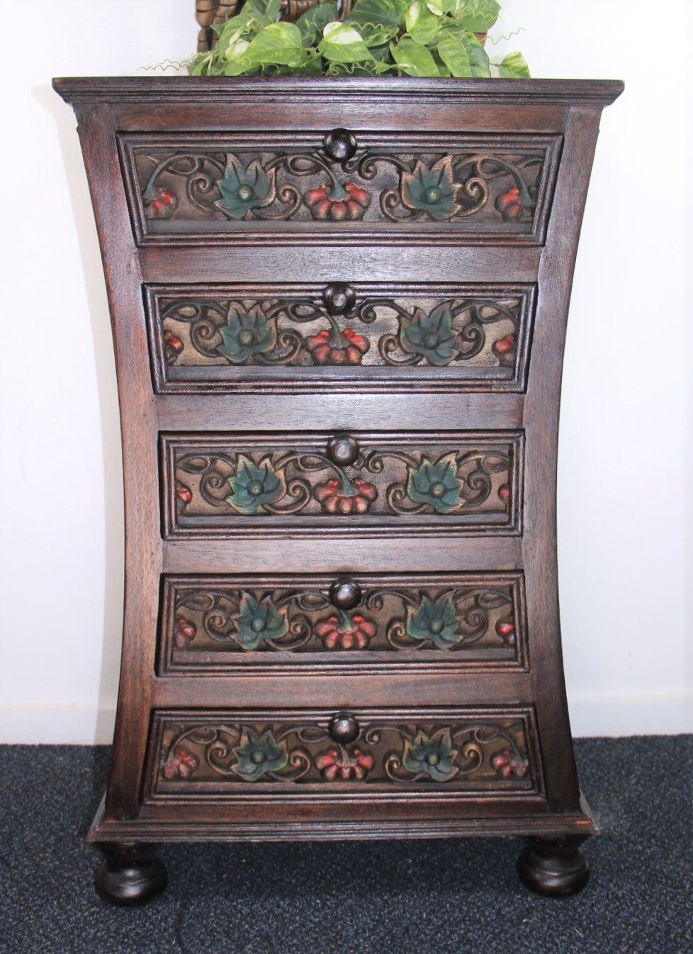 Handcrafted Rattan Med Tallboy With Coloured Carving 3