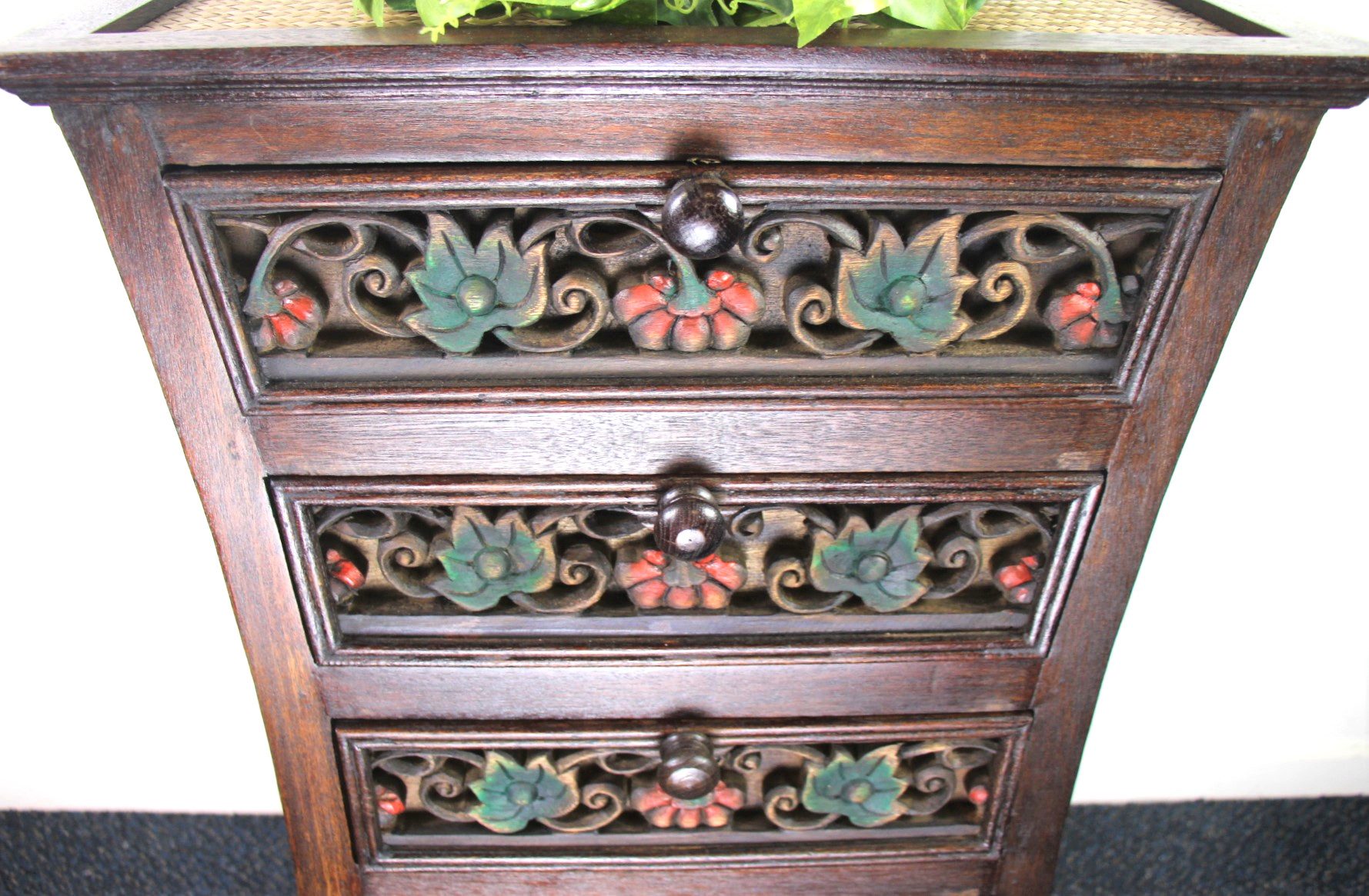 Handcrafted Rattan Med Tallboy With Coloured Carving 4
