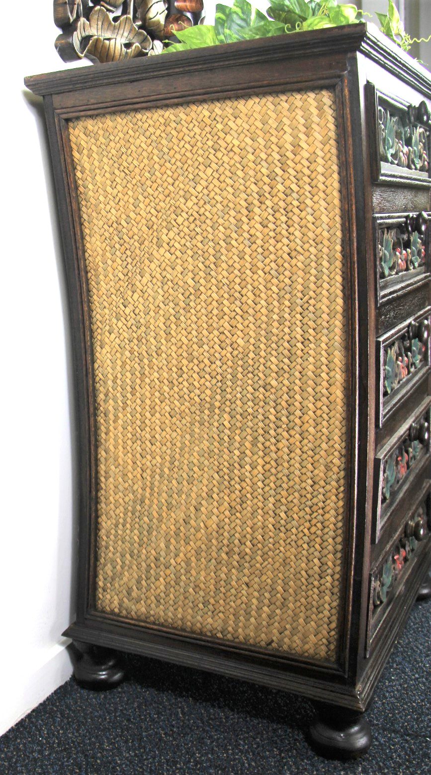 Handcrafted Rattan Med Tallboy With Coloured Carving 5