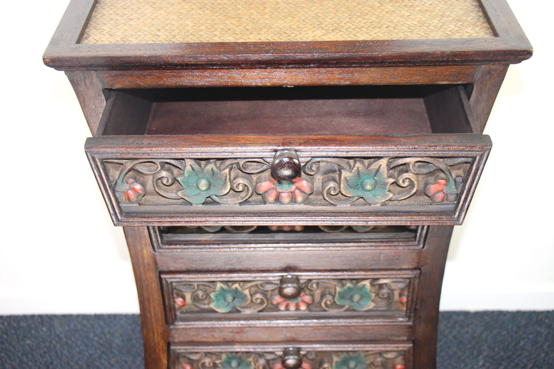 Handcrafted Rattan Med Tallboy With Coloured Carving 7