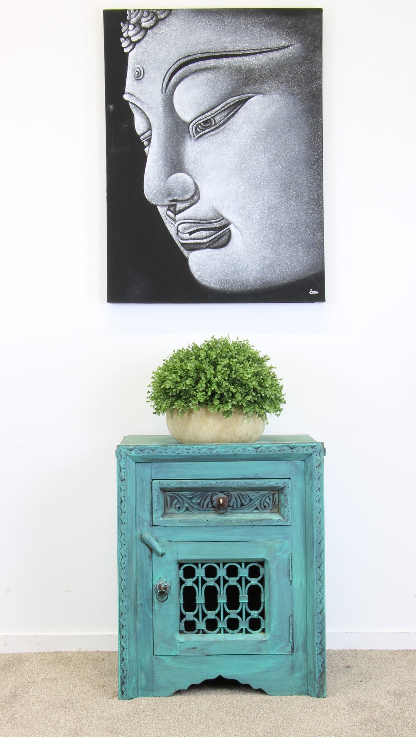 Iron Jali Bedside Cabinet With Grill Blue Wash