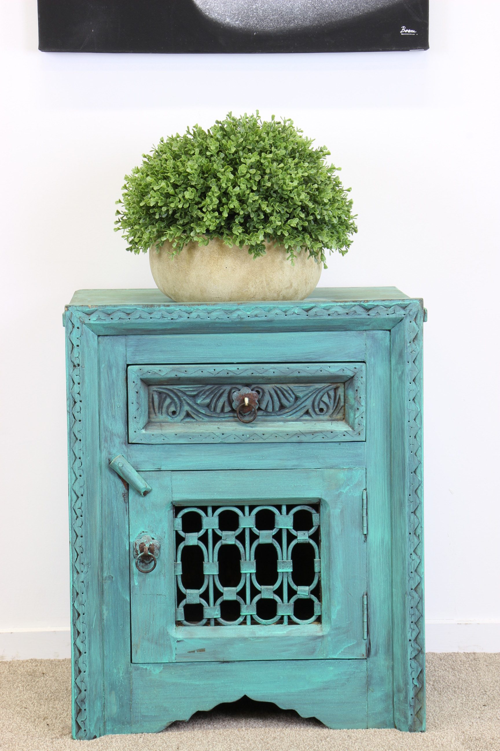 Iron Jali Bedside Cabinet With Grill Blue Wash 1