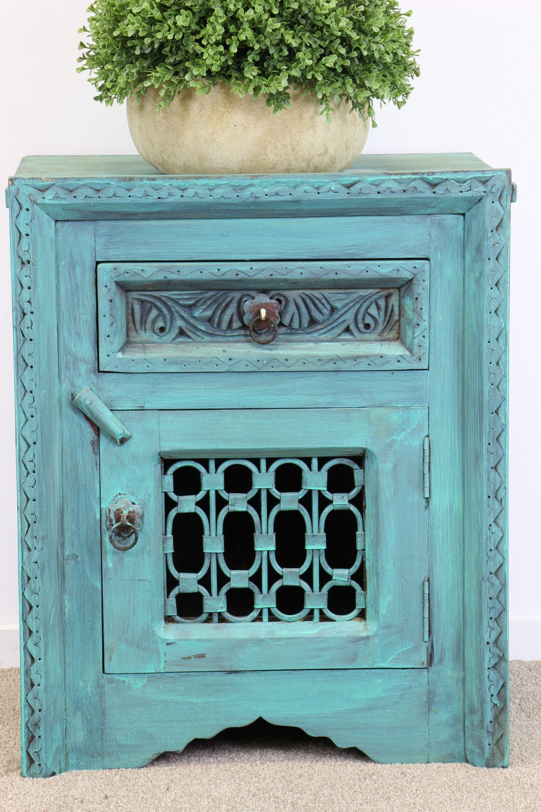 Iron Jali Bedside Cabinet With Grill Blue Wash 2