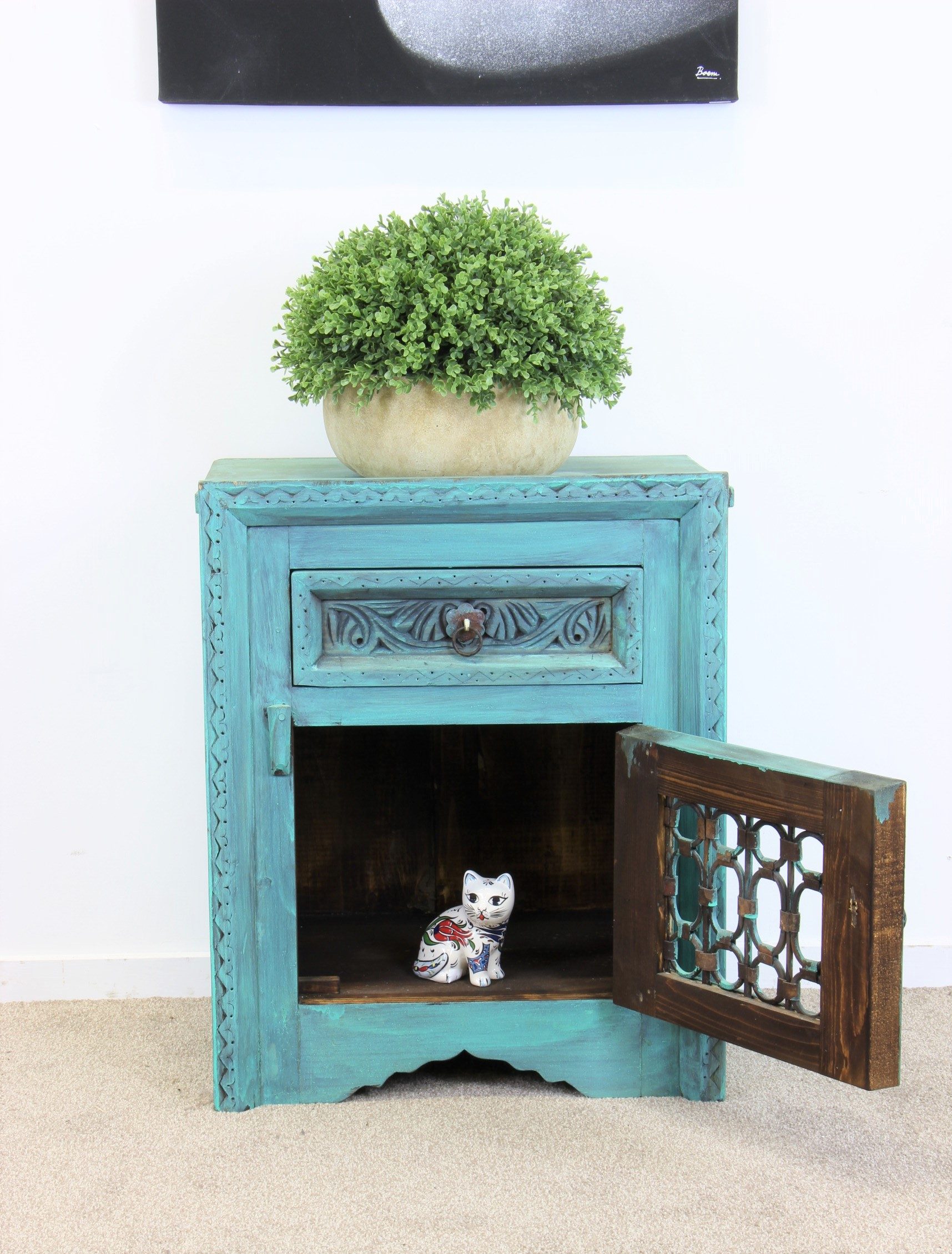 Iron Jali Bedside Cabinet With Grill Blue Wash 3