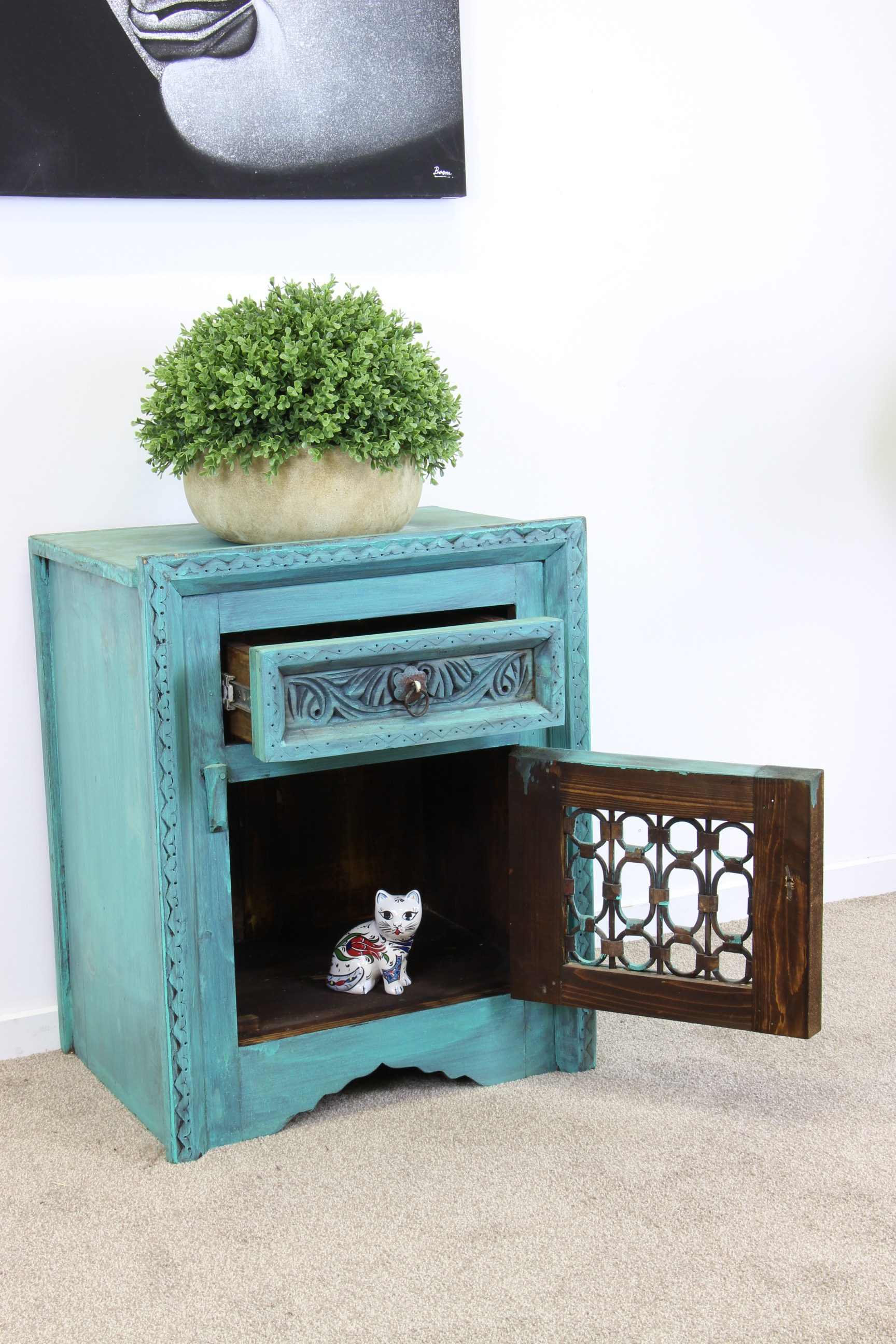 Iron Jali Bedside Cabinet With Grill Blue Wash 4