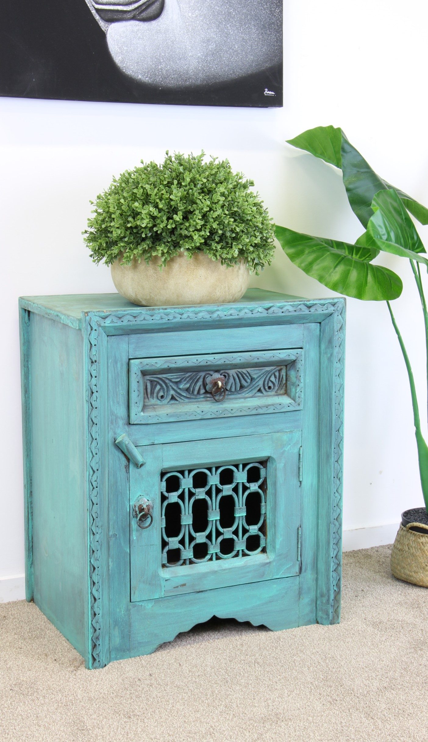 Iron Jali Bedside Cabinet With Grill Blue Wash 5