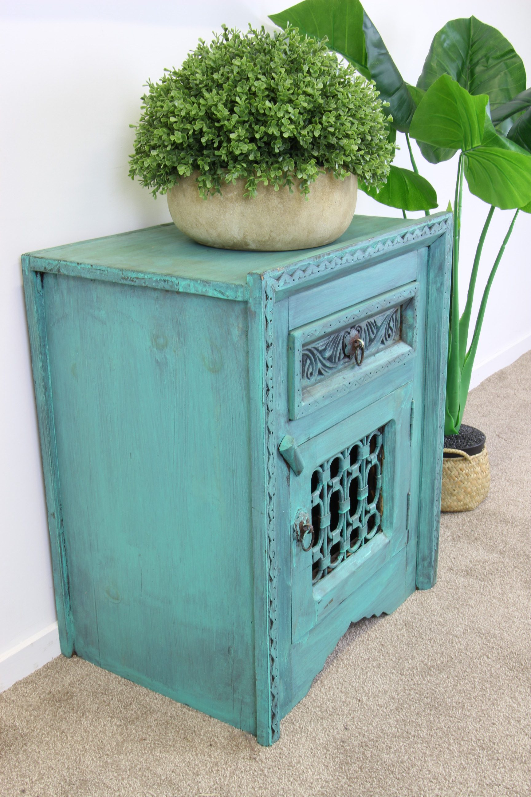 Iron Jali Bedside Cabinet With Grill Blue Wash 6