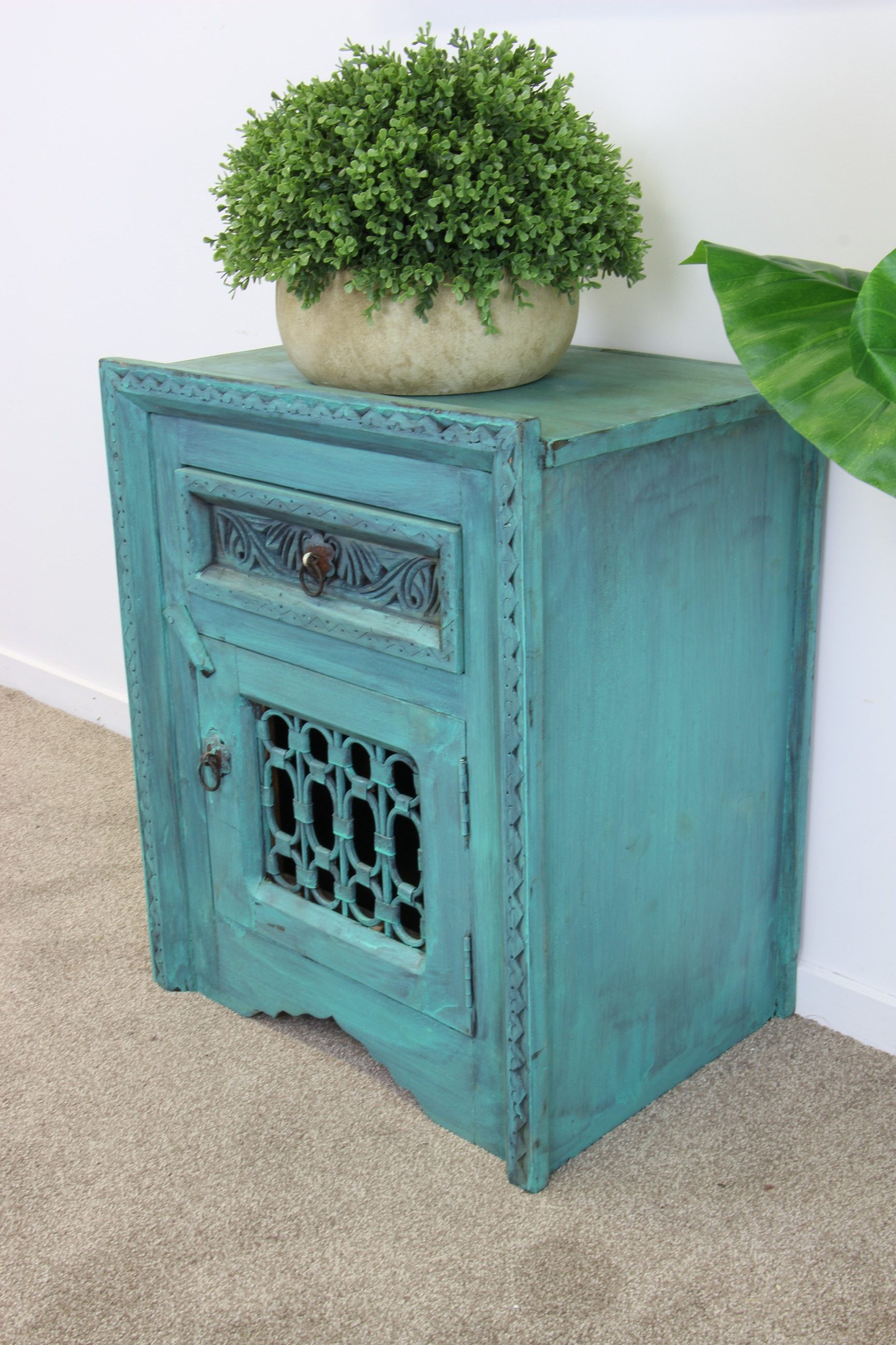 Iron Jali Bedside Cabinet With Grill Blue Wash 8