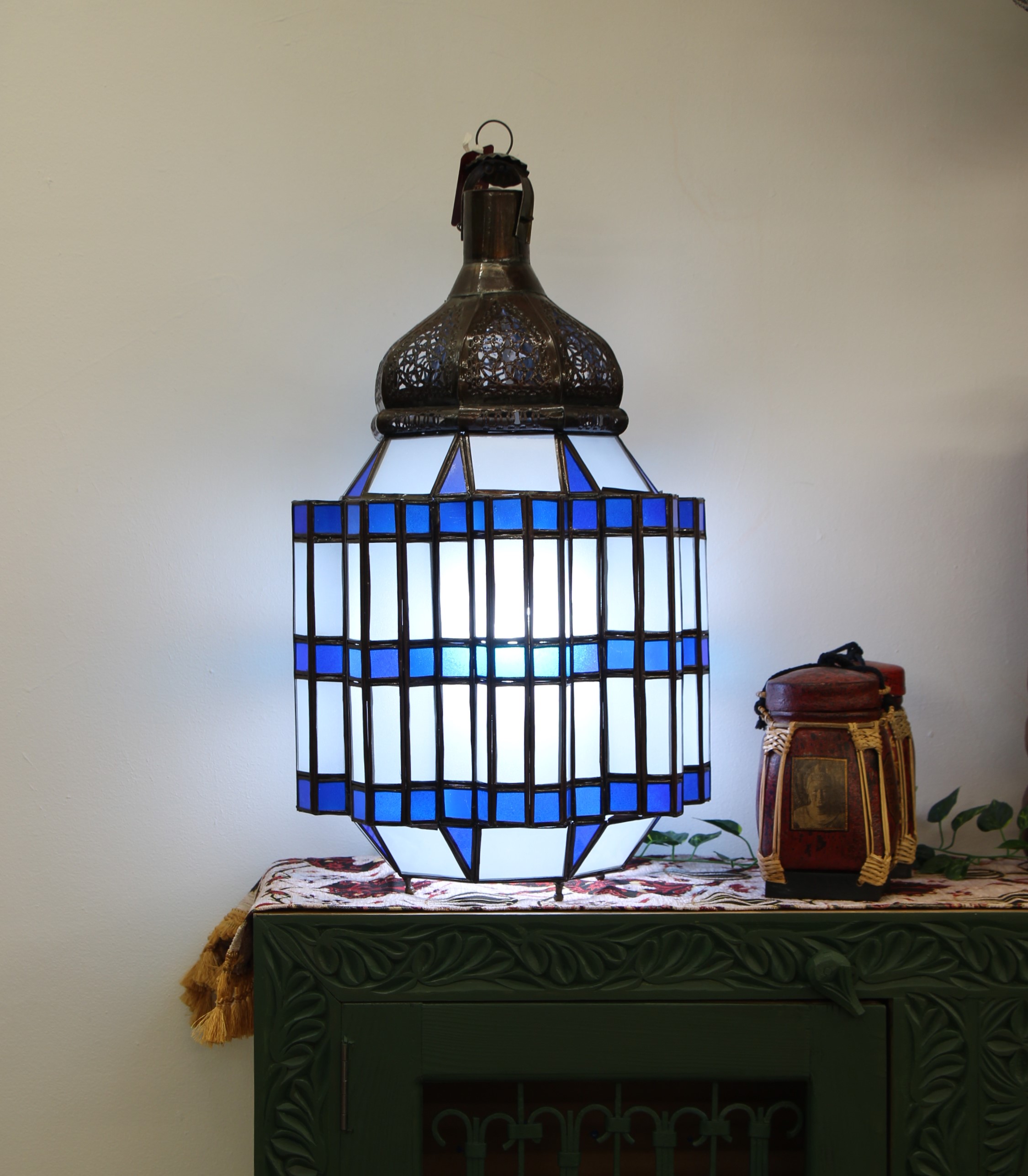 Large Blue Hex Standing Morrocan Lantern 1