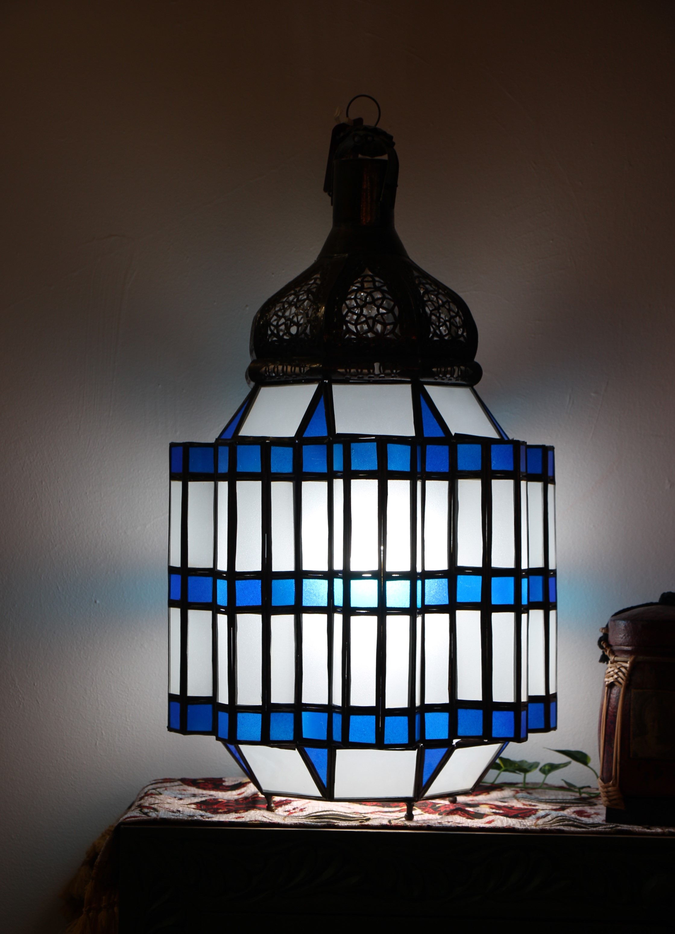 Large Blue Hex Standing Morrocan Lantern 3