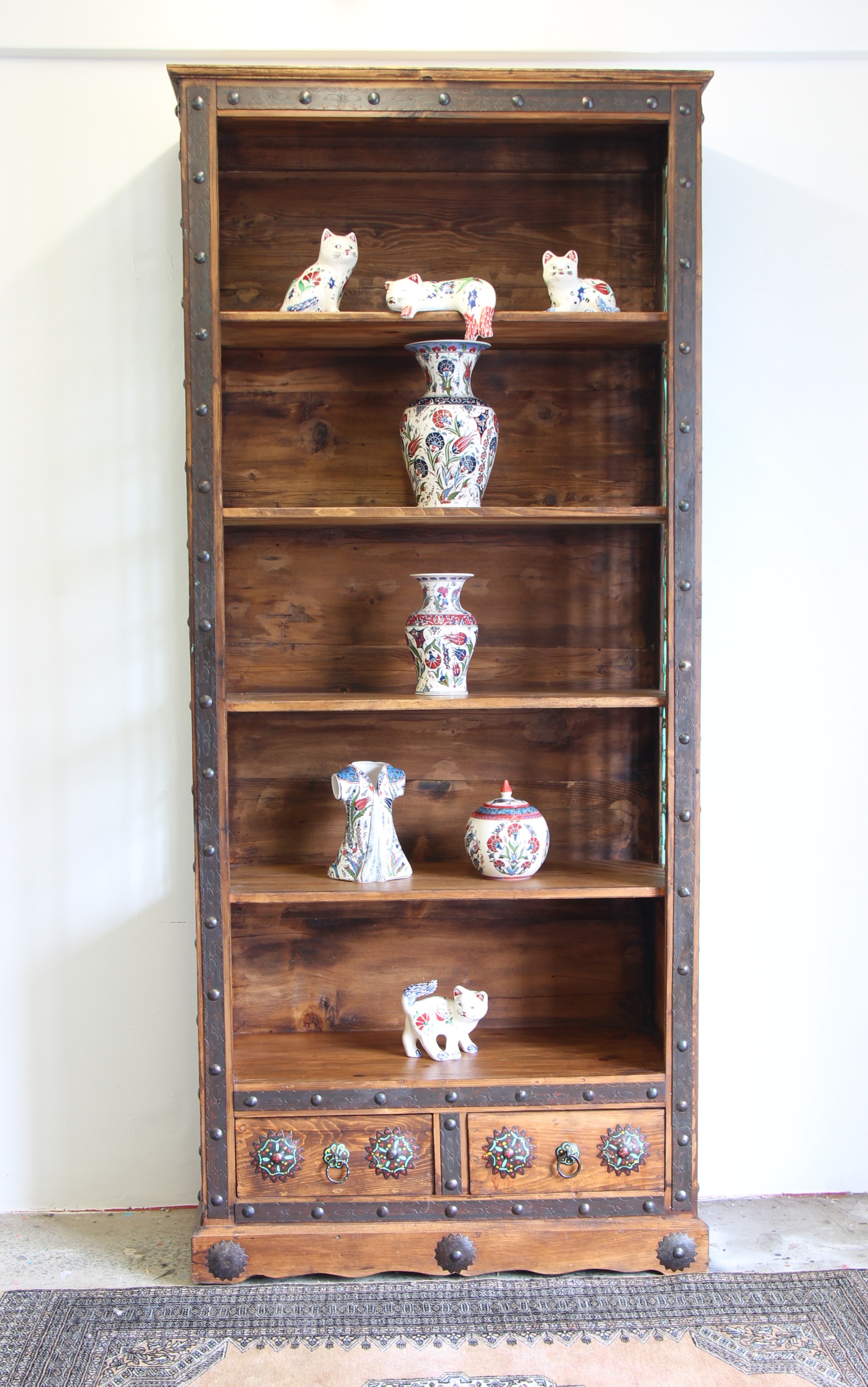 Large Hand Carved Display Unit With Antique Grills, Iron Inserts And 2 Drawers 1