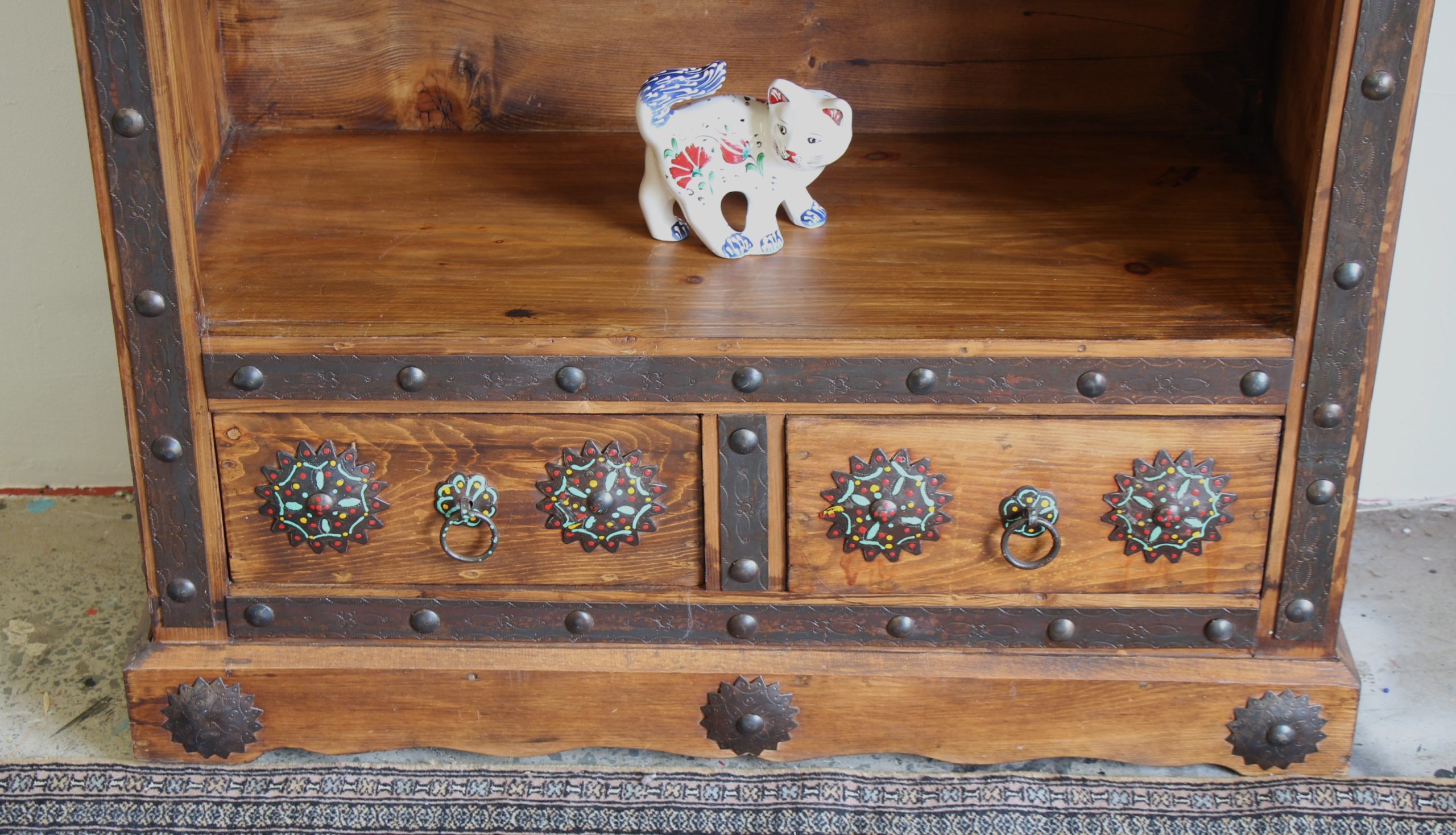 Large Hand Carved Display Unit With Antique Grills, Iron Inserts And 2 Drawers 2